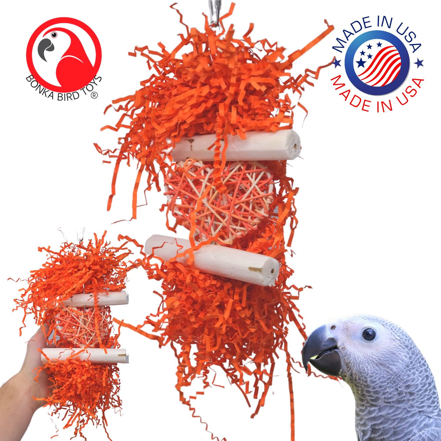 Bonka Bird Toys 3885 Orange Heart Log 10" High by 5" Wide Medium ParrotForaging Chew Cage Toy, Conures, Ringneck, Quakers, and Similar