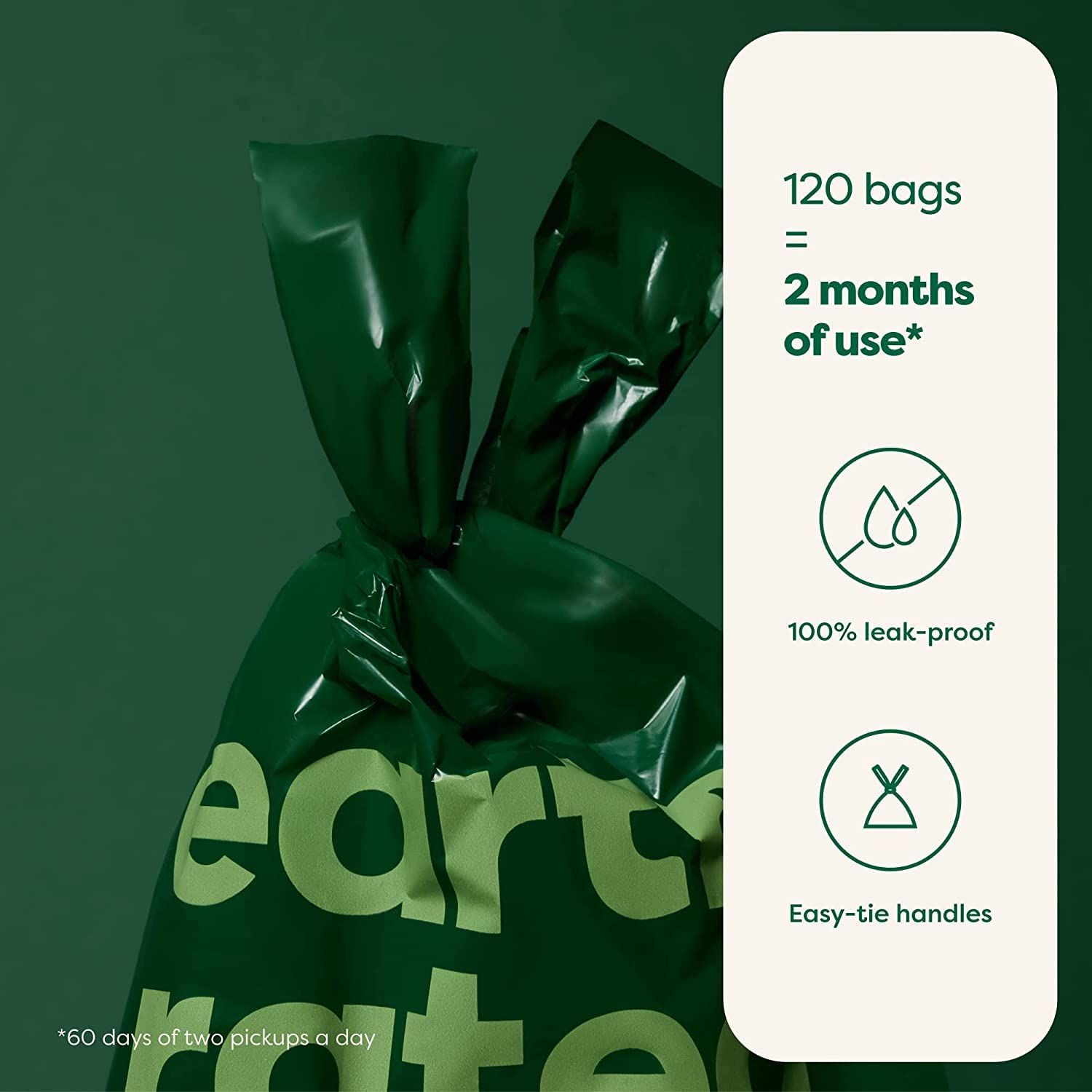 Earth Rated Dog Poop Bags with Handles, Easy Tie and Guaranteed Leakproof, Unscented, 120 Handle Bags
