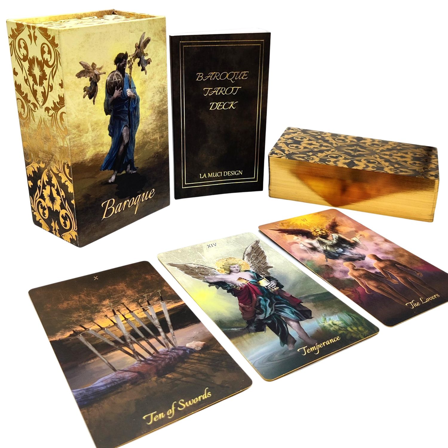 La Muci Baroque Gold Foil Tarot Deck Cards with Guide Book for Beginners - 78 Original Tarot Deck Set, The Fool Gold Foil Tarot Deck with Gilded Edges, Golden Thread Tarot Cards with Unique Artwork