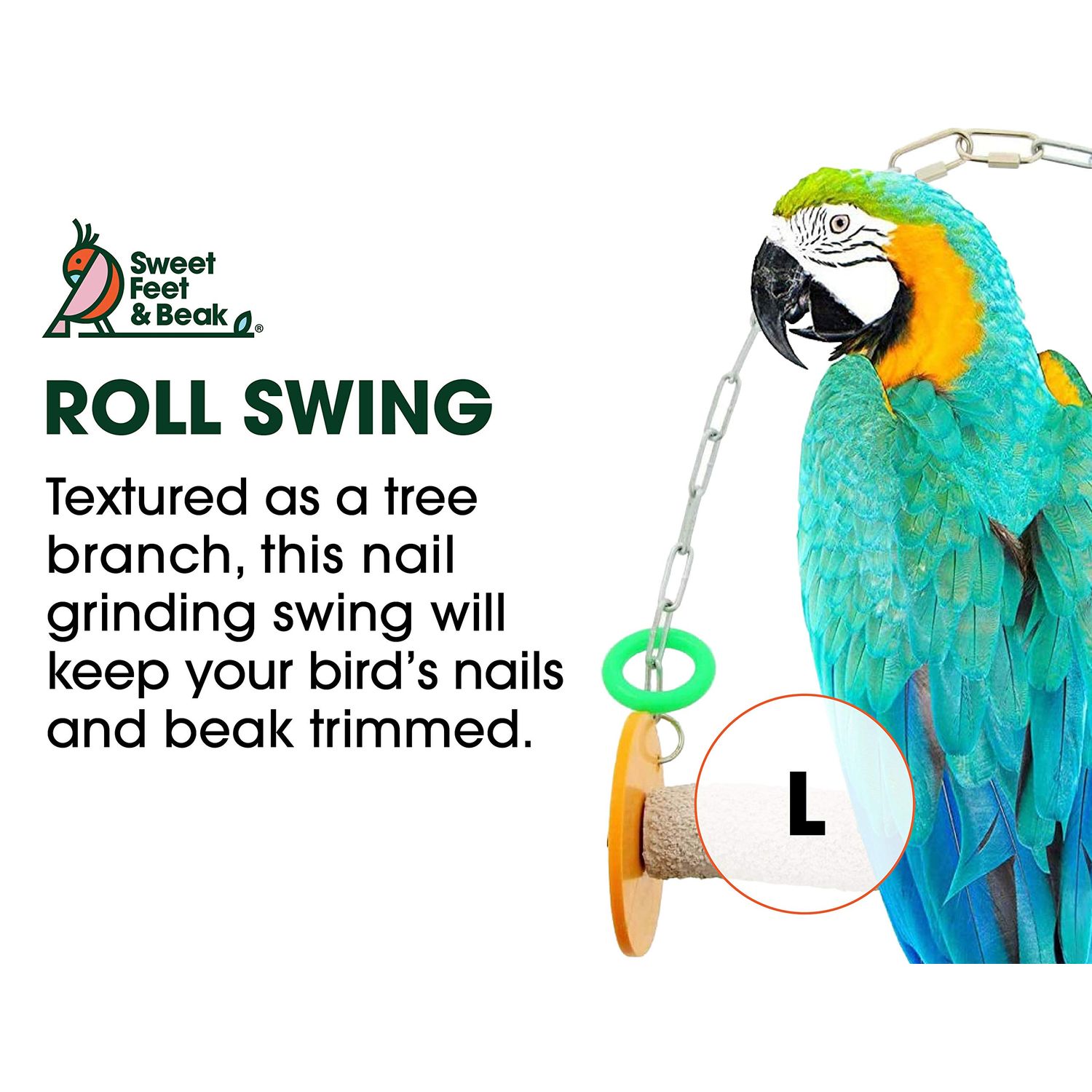 Sweet Feet and Beak Roll Bird Swing - Pumice Perch Bird Toys Trims Nails and Beaks, Safe and Non-Toxic Bird Cage Accessories for Small and Large Birds, Swinging Toys Birds Will Love, Large 10.5 Inches
