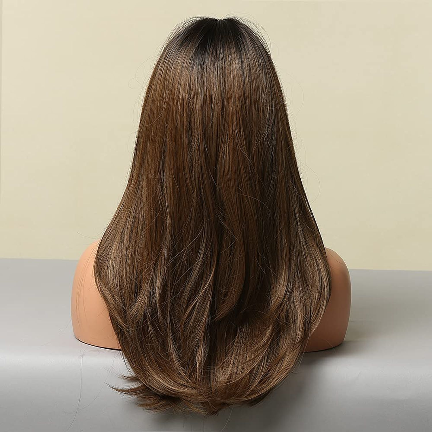 HAIRCUBE Brown Wigs for Women Long Straight layered Wig with Bangs Heat Resistant Fiber Synthetic Wigs Daily Natural looking