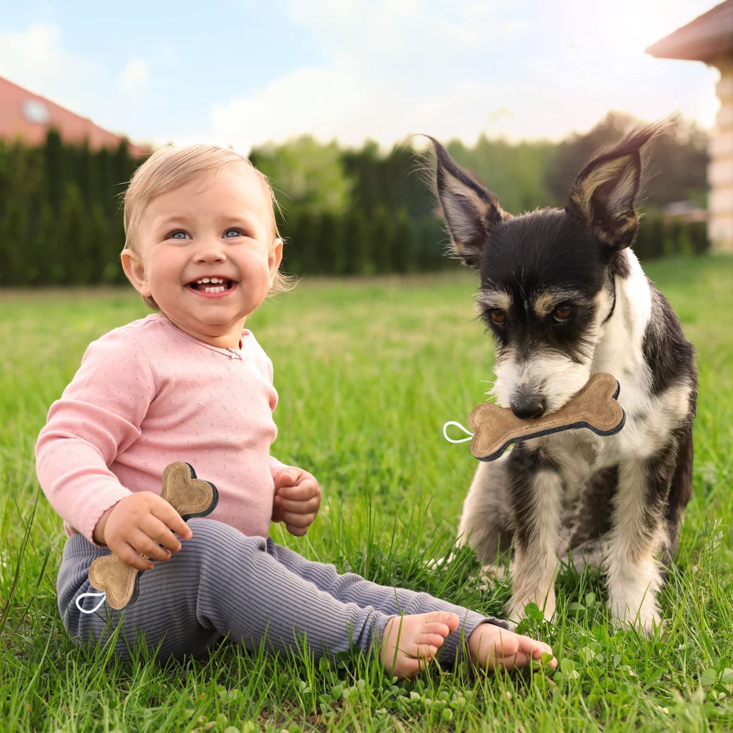 3 Pieces Leather Dog Toy Bone Toy Dog Tug Toy Interactive Dog Toys with Strong Rope Handle for Aggressive Chewers Puppy Teething, 6 Inch