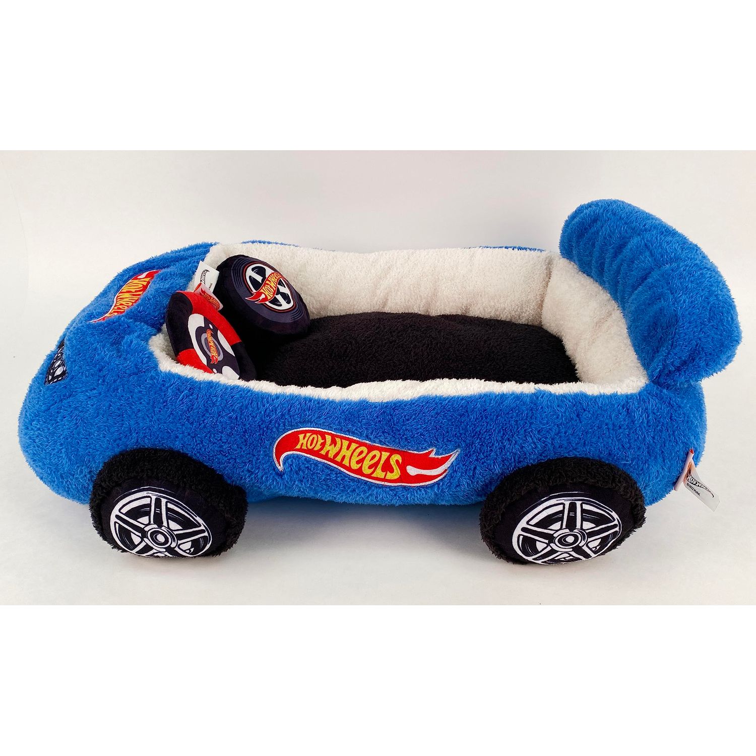 Megatoys Hot Wheels Plush Car Pet Bed- Themed Blue Plush Pet Bed for Dogs and Cats – Comfortable Pet Bed with Toy Steering Wheel and Tire, Car Design