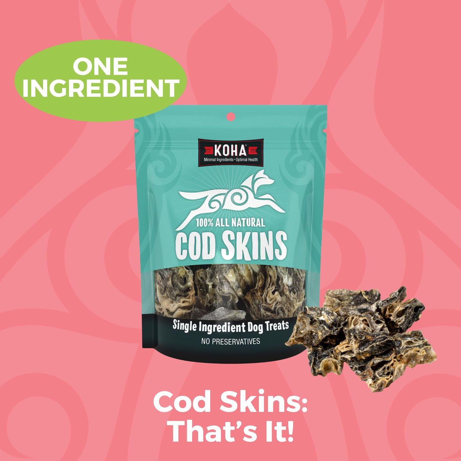 KOHA Cod Skins Single Ingredient Dog Treats, Air Dried Natural Fish Dog Treats, 2.5 oz