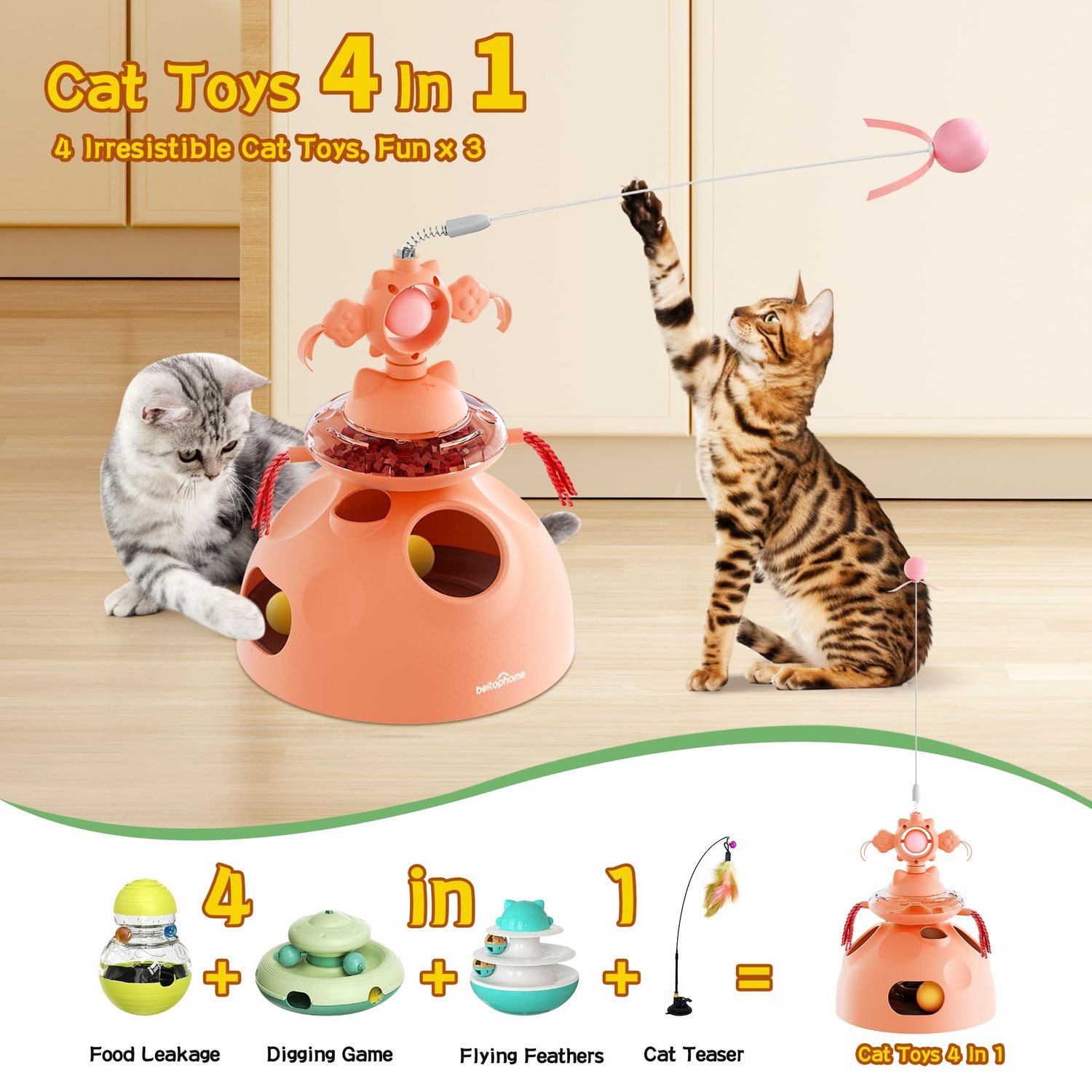 beitophome 4-in-1 Cat Toys, Interactive Cat Toy with Track Balls, Fluttering Feathers, Slow Food Dispenser, Fun & Engaging Toys for Bored Indoor Cats, Durable & Safe Interactive (Pink)