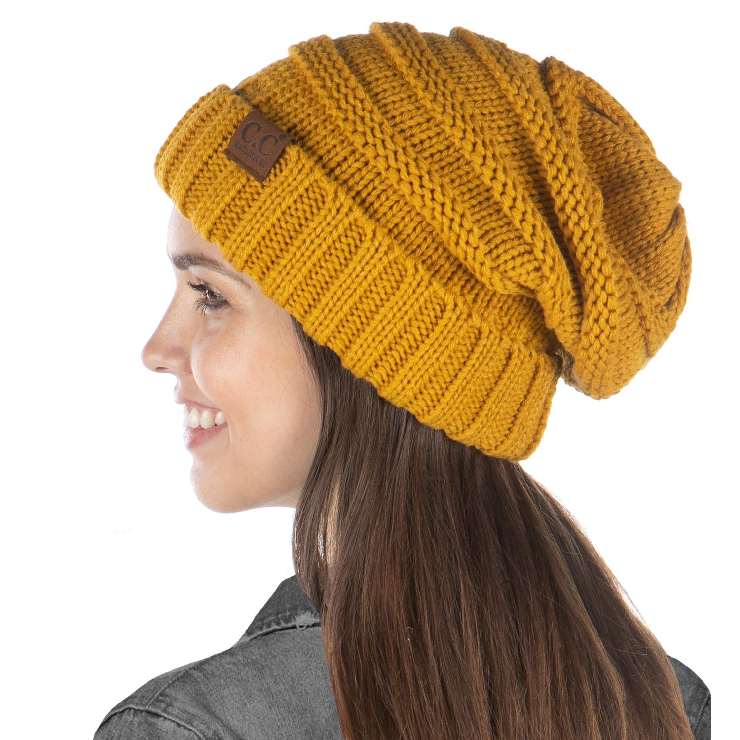 Women's Oversized Slouchy Chunky Knit Beanie Hat - Mustard