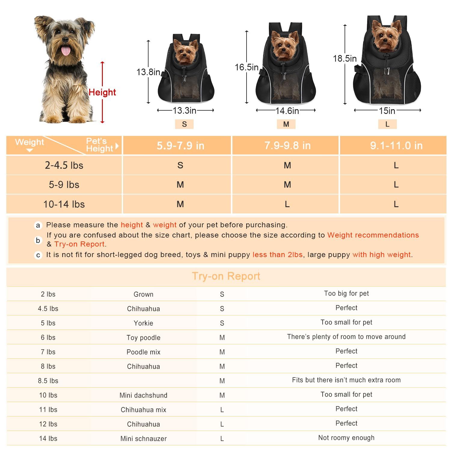 WOYYHO Pet Dog Carrier Backpack Small Dog Front Backpack Ventilated Mesh Dog Travel Back Pack with Safety Belt for Travel Hiking Cycling Outdoor Adventures (Size L: 10-14 lbs, Black)