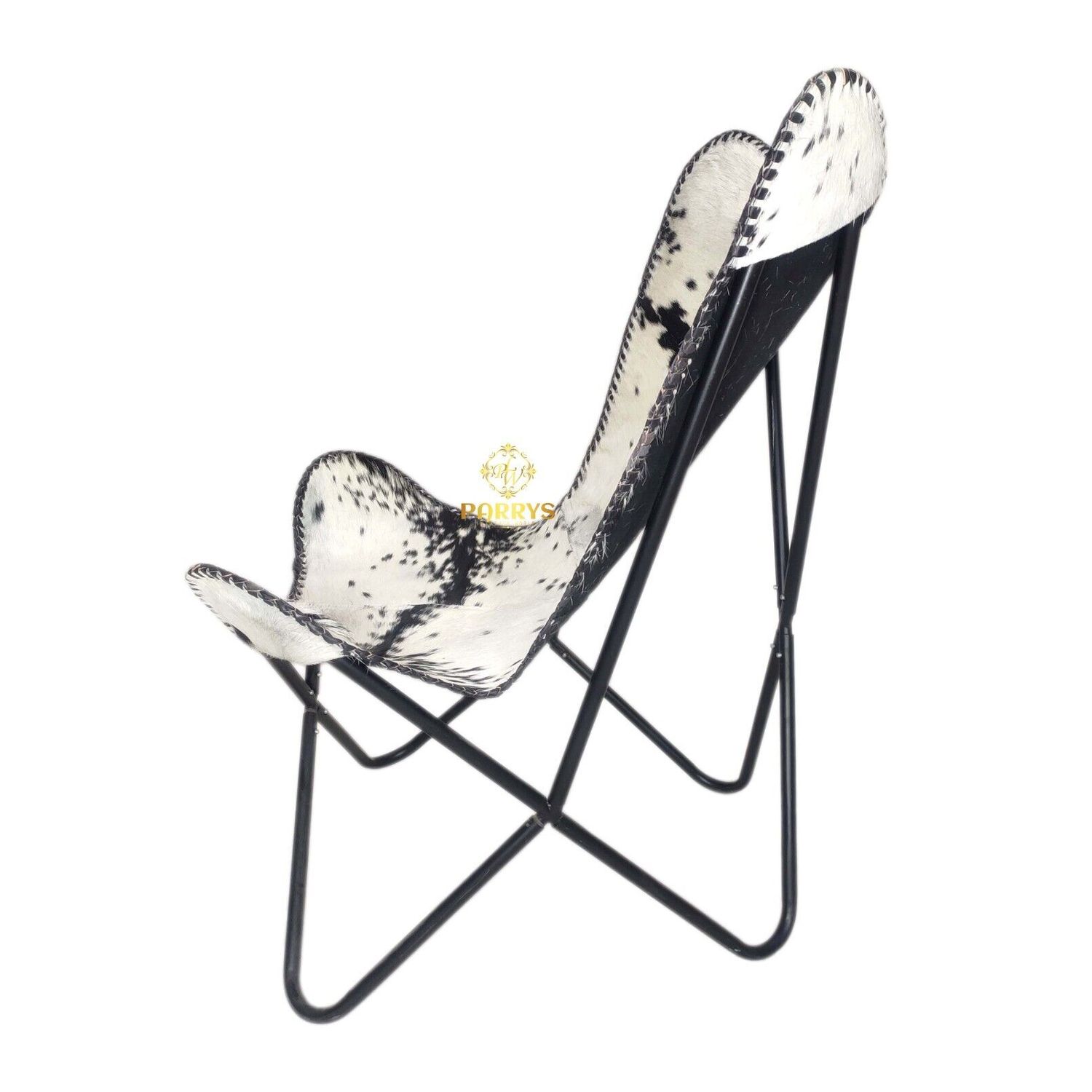 Black & White Cowhide Hair Leather Butterfly Chair Lounge Accent Relax Arm Chair