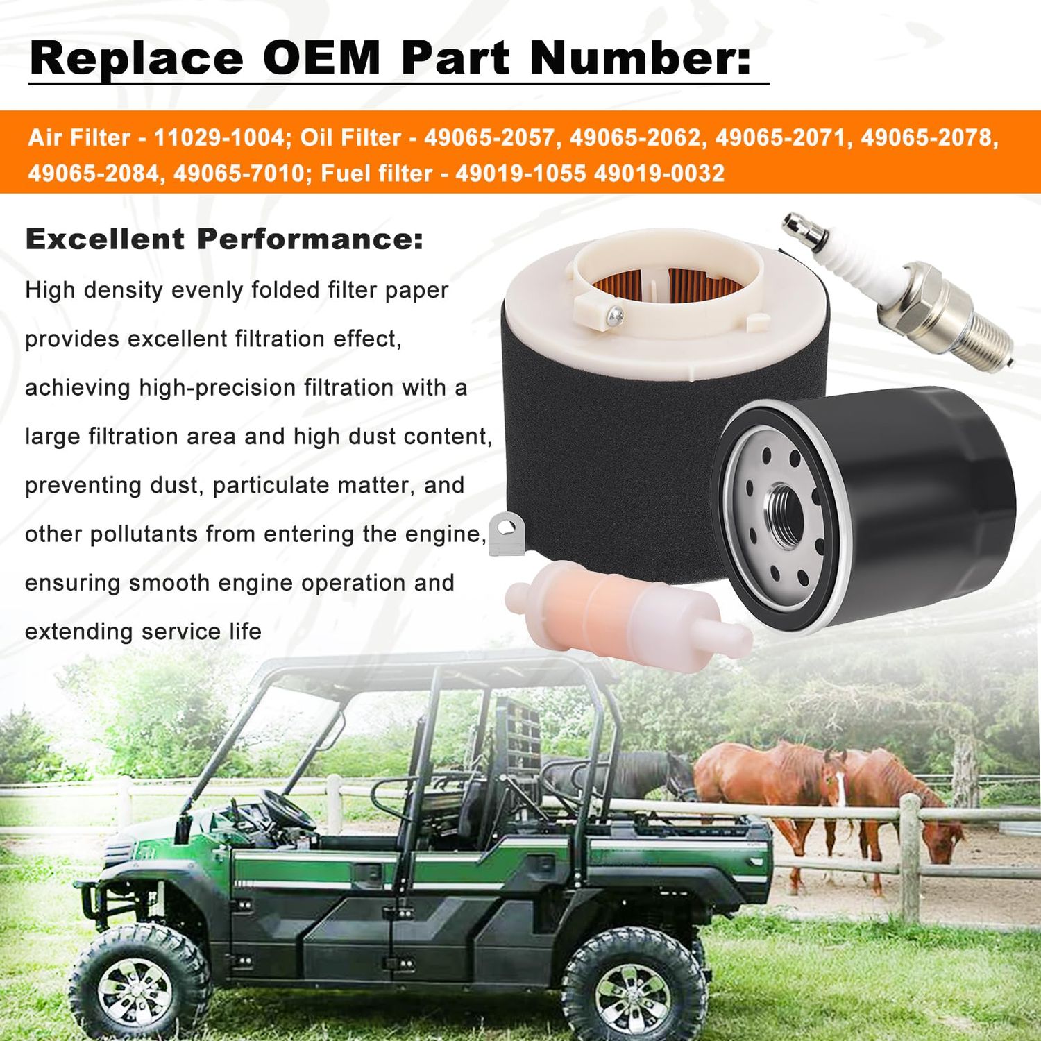 FHSJXR 11029-1004 Air Filter 49065-2078 Oil Filter Spark Plug Fuel Filter Tune Up Kit for Kawasaki Mule 500 520 550 600 610 2500 2510 2520 KAF300 KAF400 KAF620A KAF620B Mule SX 4x4 SE