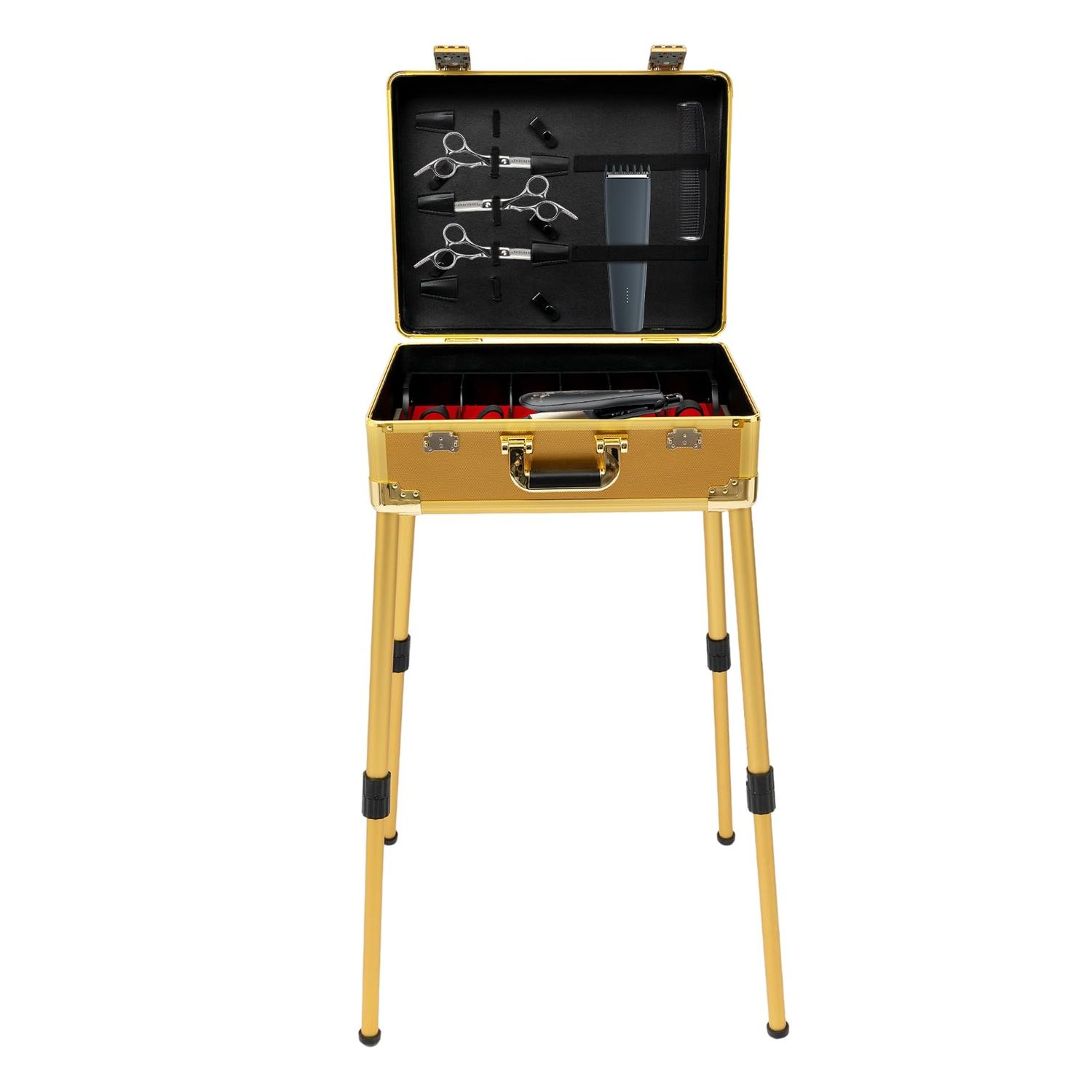 CRYBY Barber Case, Rectangular Barber Travel Carrying Case Mobile Barber Station with 4 Support Legs, Professional Hairdresser Tool Box Organizer Barber Suitcase, Adjustable Height 18.11-31.5In