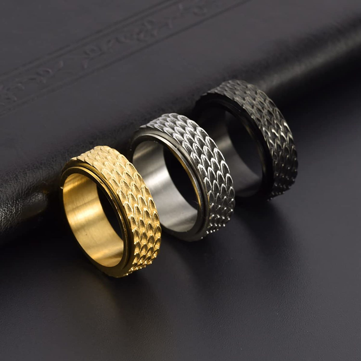 Nanafast Dragon Scale Anxiety Ring for Men Cool Stainless Steel Snake Dragon Scales Spinner Rings Fidget Ring Mens Ring Gift-Black-9