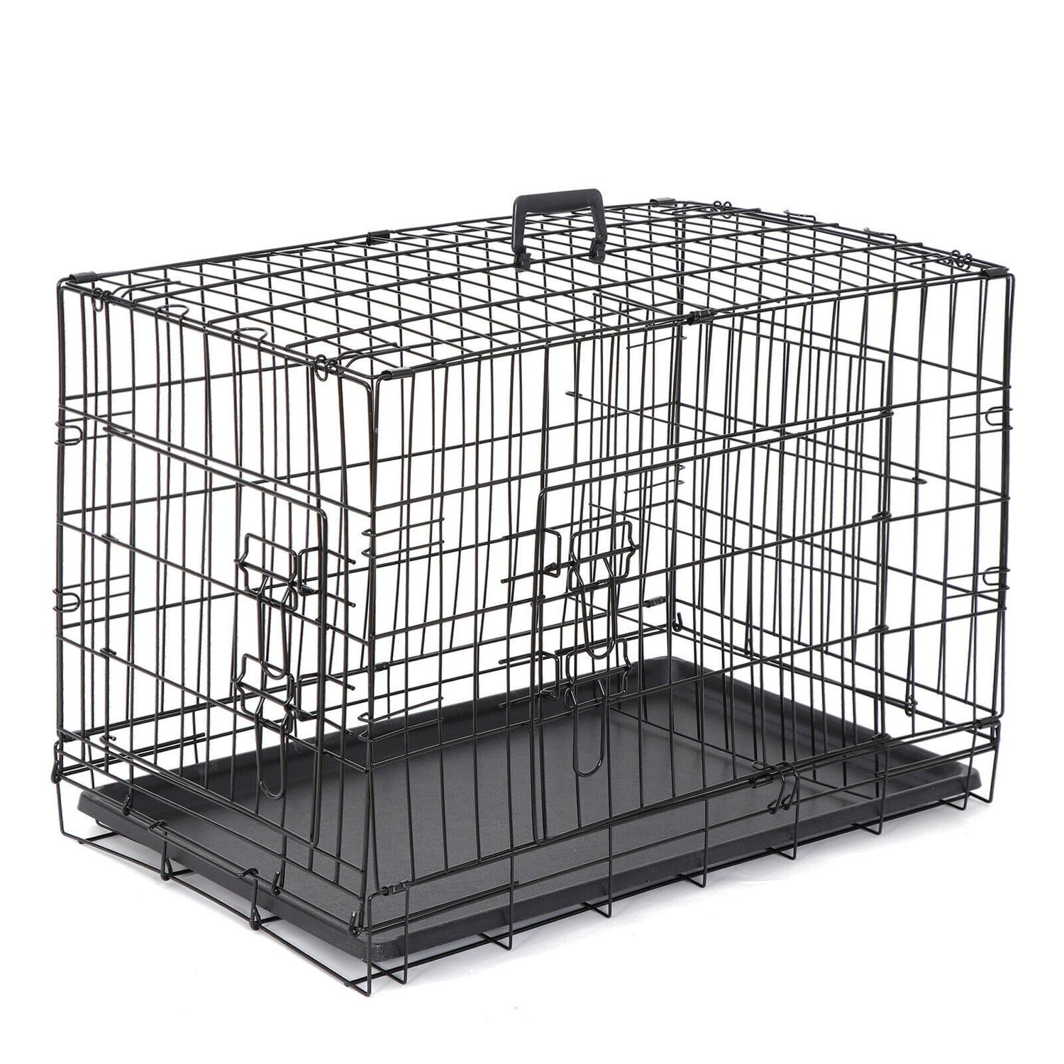 30" Durable Dog Crate Kennel 2 Door Folding Metal Pet Cat Cage with Tray Black