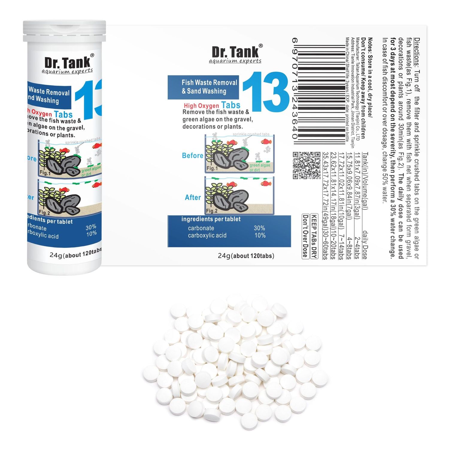 Dr. Tank #13 Fish Waste Removal & Sand Washing - Aquarium Gravel Cleaner - Removes Fish Waste & Improves Water Clarity, Safe for Fish & Aquatic Plants - 120 Tablets