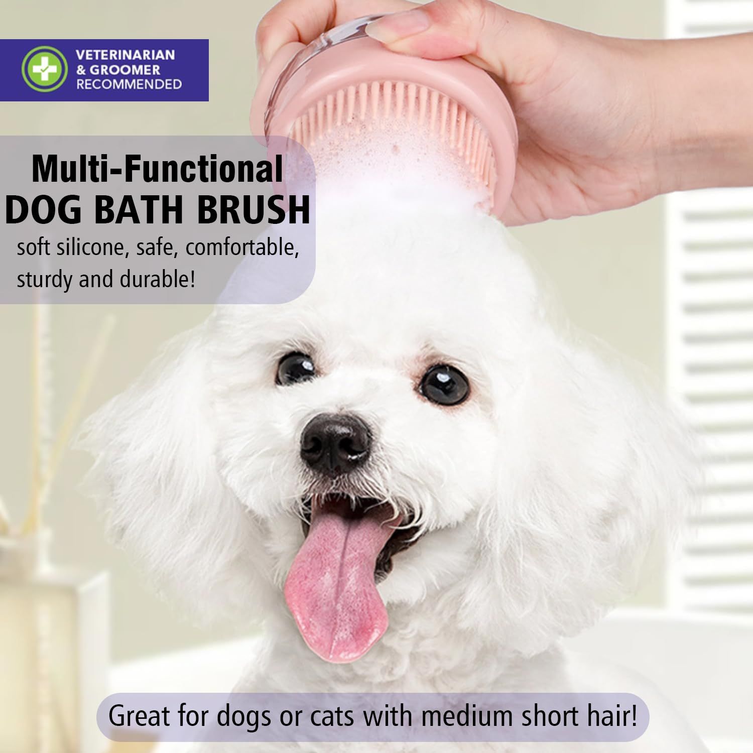 Kwispel Dog Bath Scrubber Brush, 2 PCS Pet Dog Grooming Massage Shampoo Bath Brush with Soap and Shampoo Dispenser Soft Silicone Bristle for Long Short Haired Dogs Cats Shower