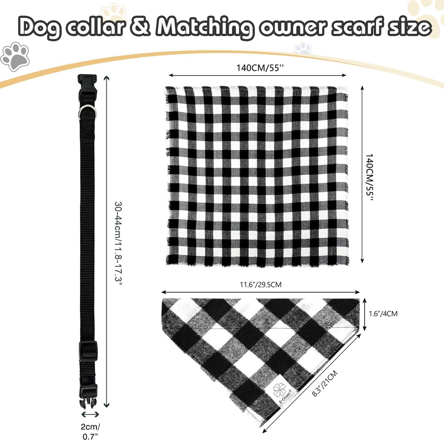 E-Clover Christmas Matching Dog and Owner Set-Dog Bandana Collar & Matching Scarf Girl Boy Adjustable Dog Collars for Small Medium Dogs Owner Mom Gift Black White Buffalo Plaid