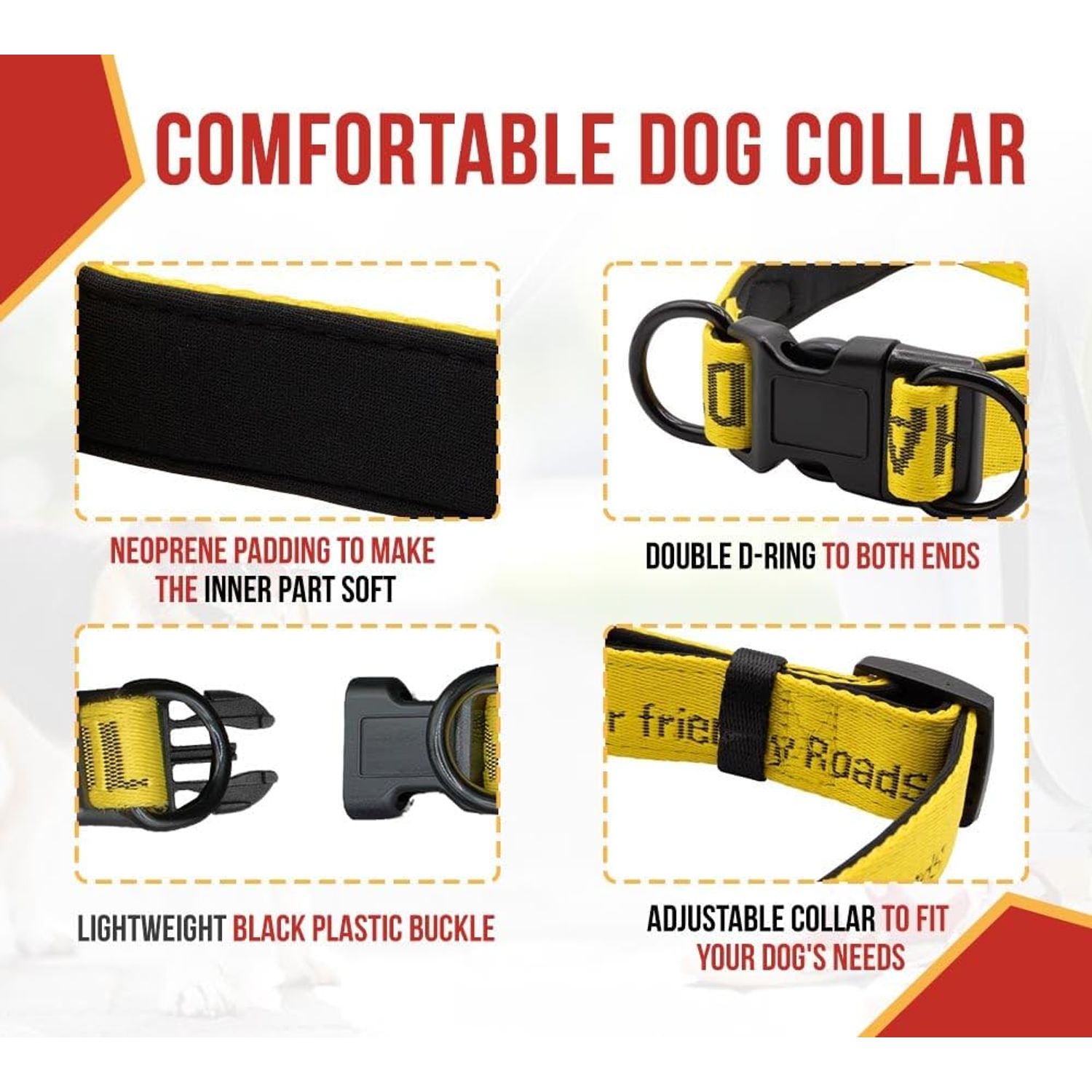 Mytee Products Medium Breed Adjustable Dog Collar, Nylon Car Seat Belt Harness, and Poop Bag Holder Set for Male Female Dogs - Neoprene Padded Collar, Leak-Proof Waste Bag Dispenser