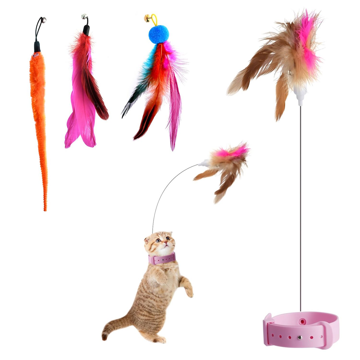 Abnaok Cat Feather Collar Toys, Interactive Cat Toys for Indoor Cats Teasing Wand Collar Funny Cat Toy with Bell and Replaceable 3 Feathers Refills Multiple Ways for Cats to Play