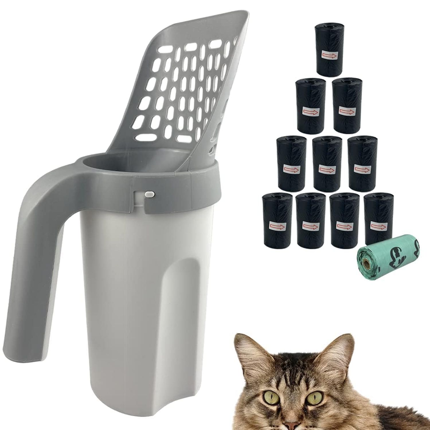 Esamploe Cat Litter Scooper with Trash Container,Portable Litter Scoop Holder,Litter Scoop with Holder Provides 215 Garbage Bags,Scoop & Litter Disposal System In One