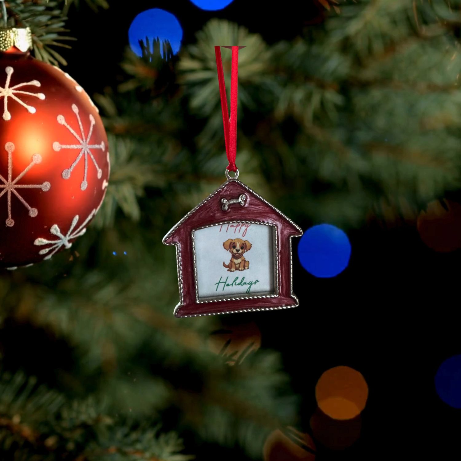 Pet Studio Christmas Dog House Frame & Ornament Red 1.5" x 2" Puppy Holiday Gift