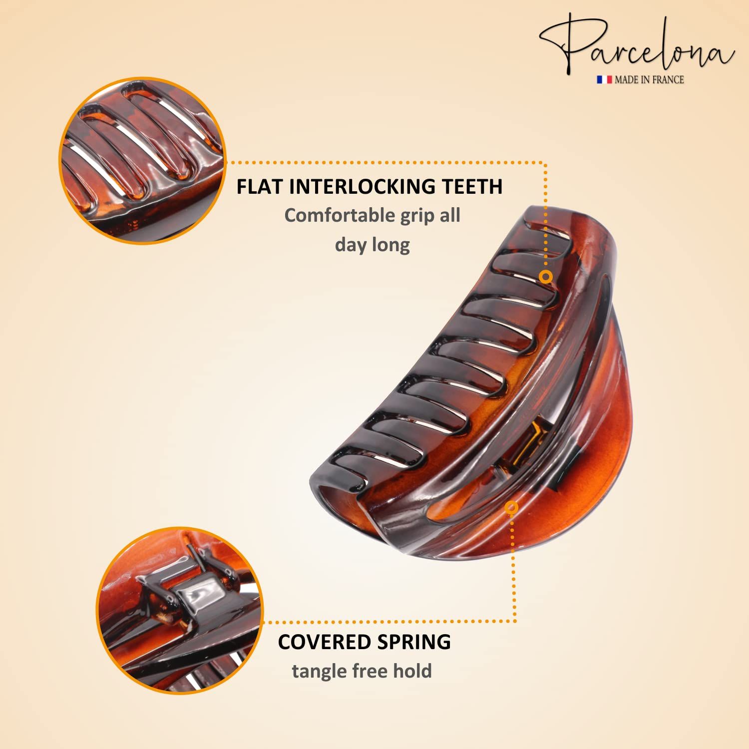 Parcelona French Vrille Medium 3.5" Celluloid No Slip Grip Volume Jaw Hair Claw Clips for Women and Girls, Made in France (Tortoise Shell)