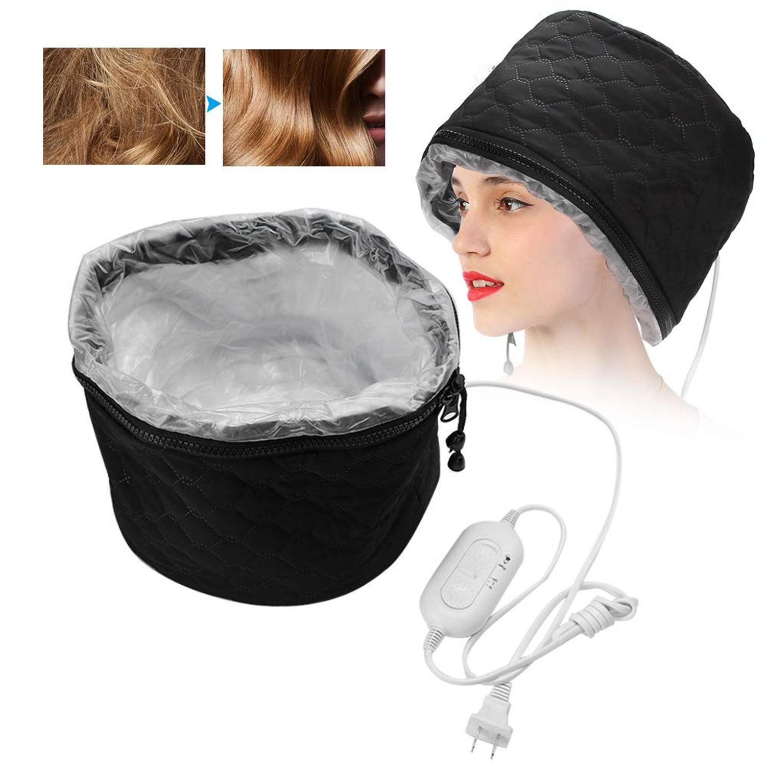 Electric Hair Cap Thermal Cap, Hair Steamer Cap for Deep Nourishing Conditioning Hair Thermal Treatment Spa Hair Care Cap Adjustable Temperature for Home Use,Black
