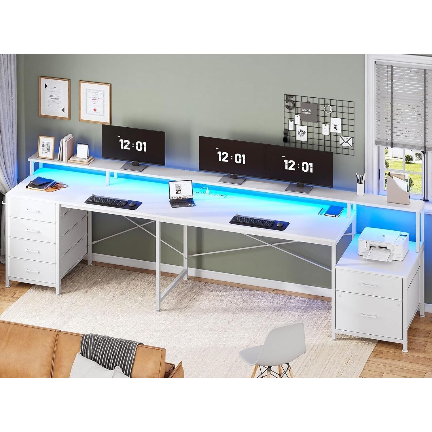 L Shaped Desk with 6 Drawers &Monitor Shelf, Gaming Desk with Led Lights (White)
