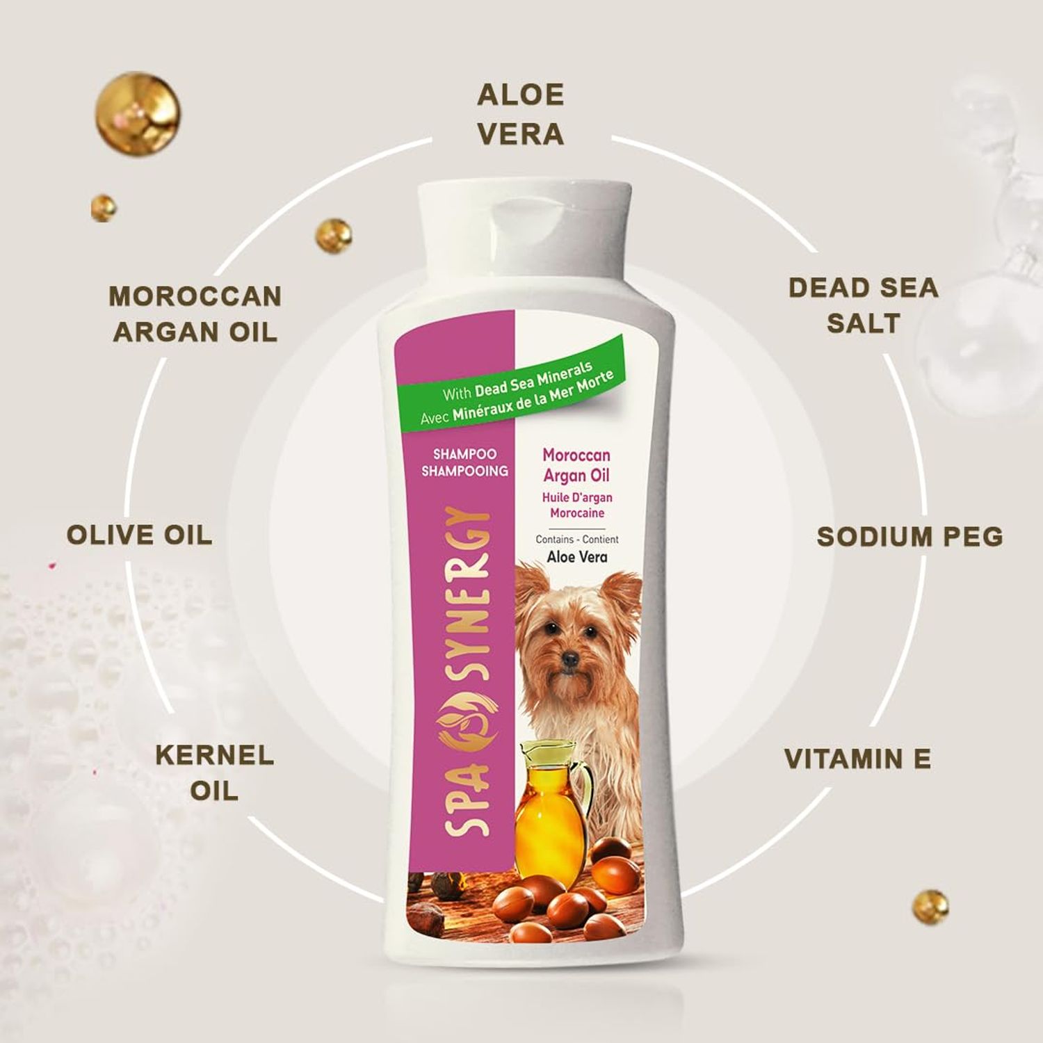 Spa Synergy Pet Dog Shampoo Natural Dead Sea Mineral Rich, Aloe Vera & Vitamin-E, Soothing Anti-itching, Soften, Moisturizing - Moroccan Argan Oil - (1) Bottle 16.5 FL OZ