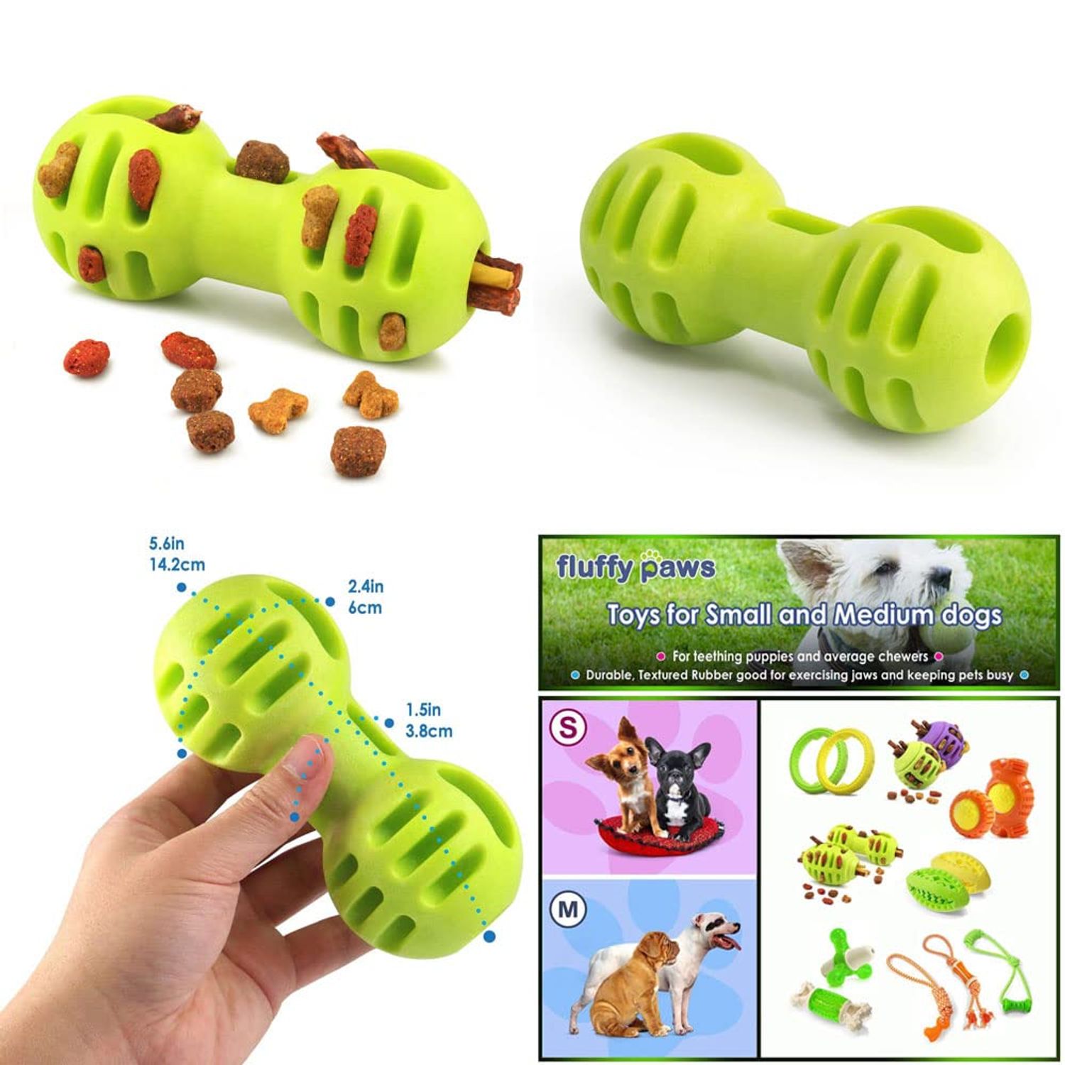 Fluffy Paws Dog Treat Ball - Bone Shaped Rubber Pet Toy Ball, Dental Treat & Bite Resistant, Durable Non-Toxic, Teething, IQ Training, Playing for Small and Medium Dog Puppy - 5", Green Treat Ball