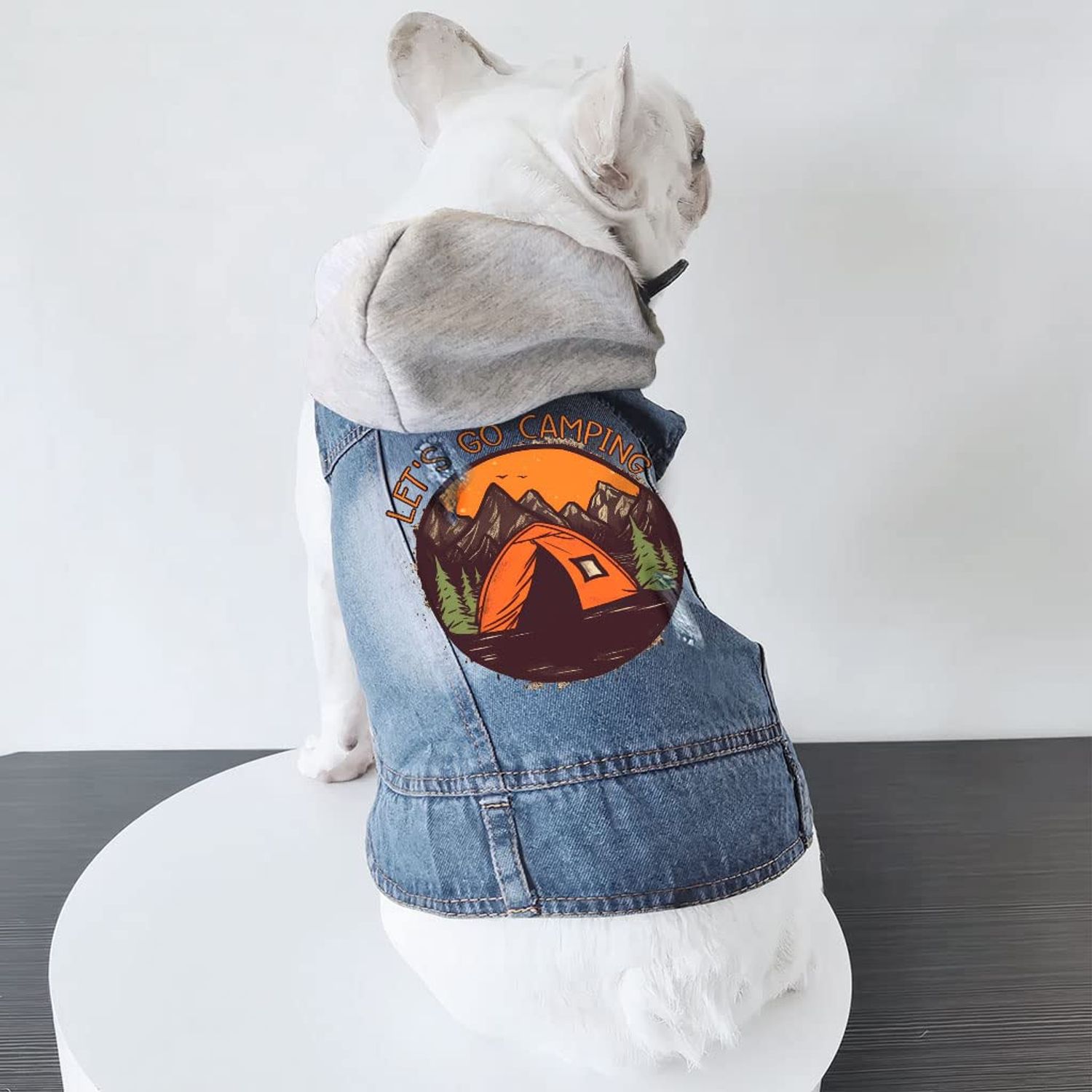 Let's Go Camping Dog Denim Jacket - Tent Dog Denim Coat - Camping Dog Clothing - XL