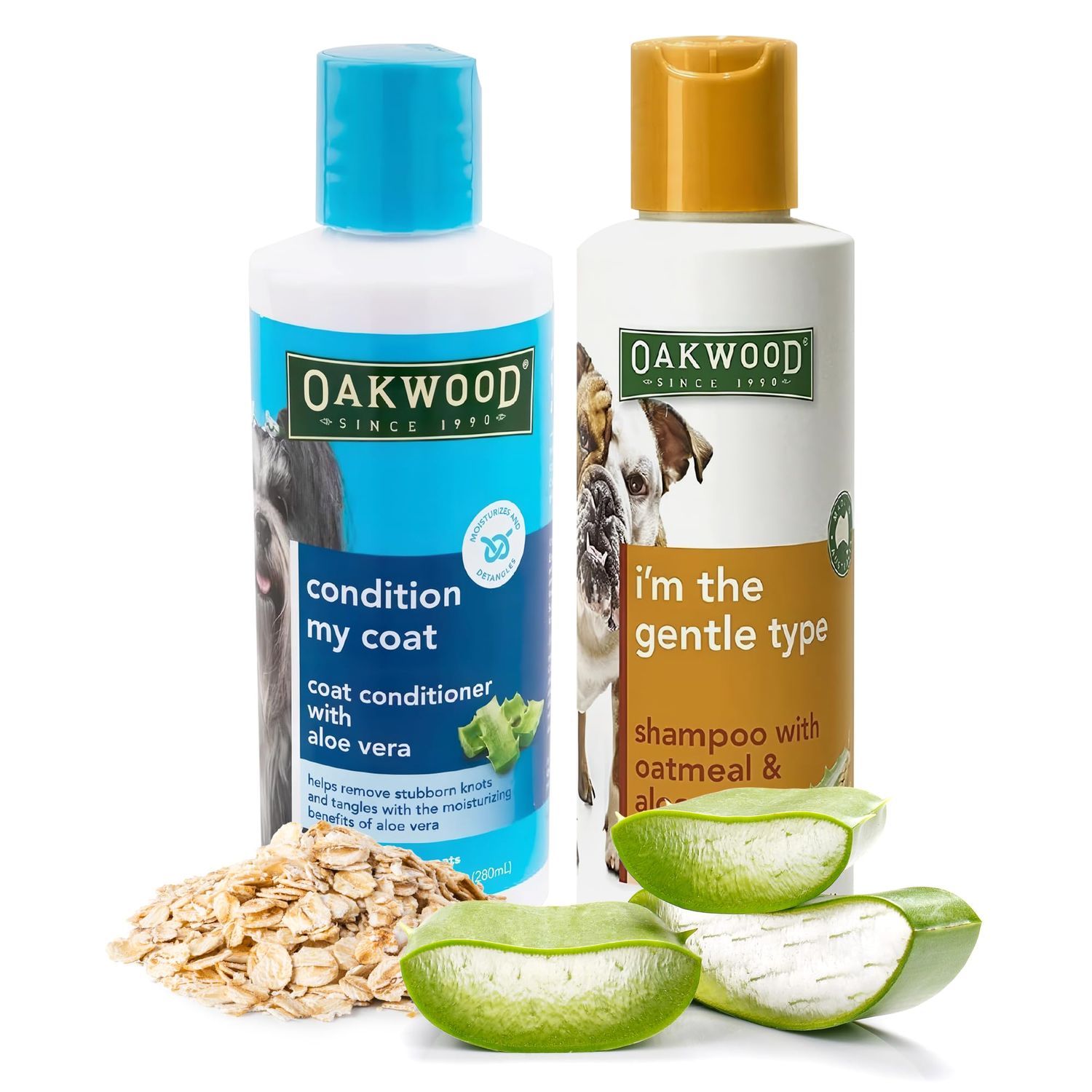 Oakwood Natural Aloe Vera Coat Conditioner & Tearless Oatmeal Shampoo Cleansing Wash for Pets - Hypoallergenic Pet Dog & Cat Grooming Supplies Set for Itching, Dry Skin, Detangling, Deodorizing