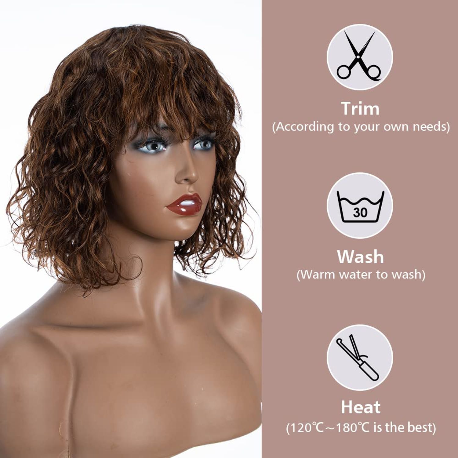 FASHION IDOL Bob Curly Human Hair Wig with Bangs for Black Women 10" Deep Wave Brazilian Virgin Human Hair Short Brown Water Wave Wig 150% Density