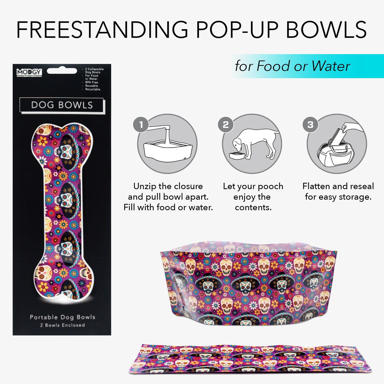 MODGY Collapsible Dog Food Bowl Dish, Reusable, Plastic Travel Size, Portable Container, Camping, Hiking, Car, Road Trip Essential, Cute Pattern, Dia de Perros, Pack of 2