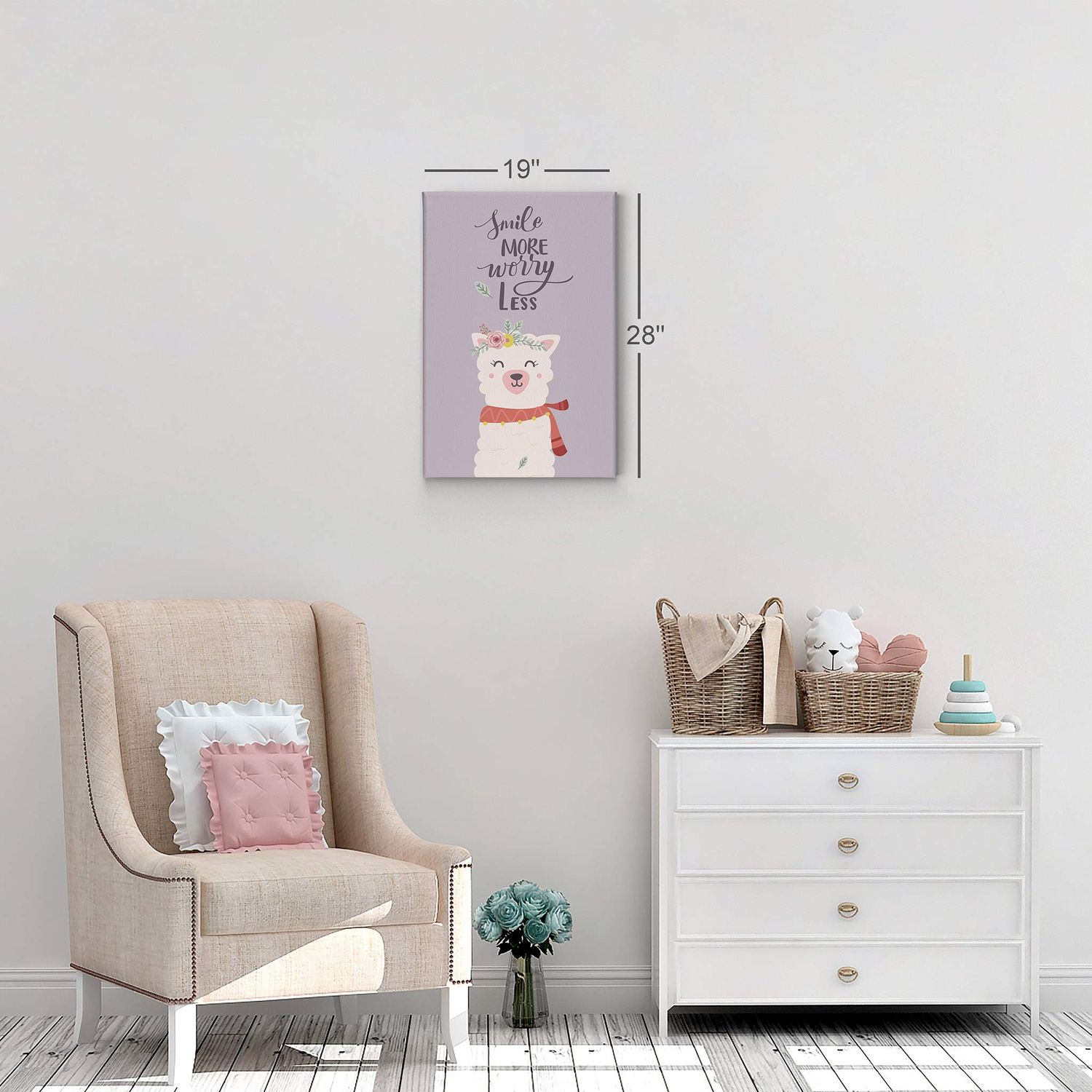 Smile Art Design Smile More Worry Less Cute Alpaca Purple Background Canvas Print Kids Room Decor Wall Art Baby Room Decor Kids Room Decor Nursery Decor Ready to Hang Made in The USA 36x24