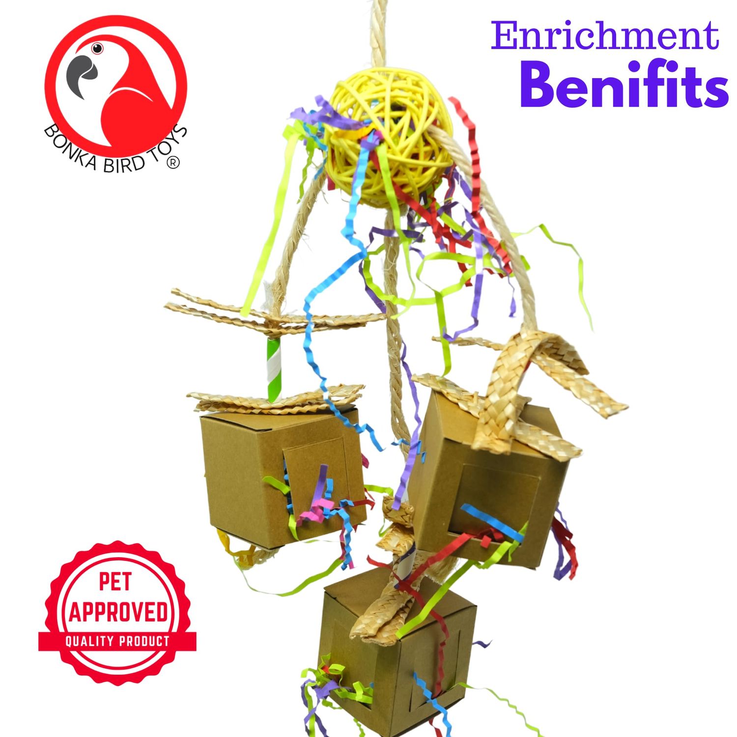 Bonka Bird Toys 2635 Peekaboo Trio Forage Chew Shred Medium Parrot Cage Toy, Conure, Ringneck, Pionus, and Similar Breed Sizes