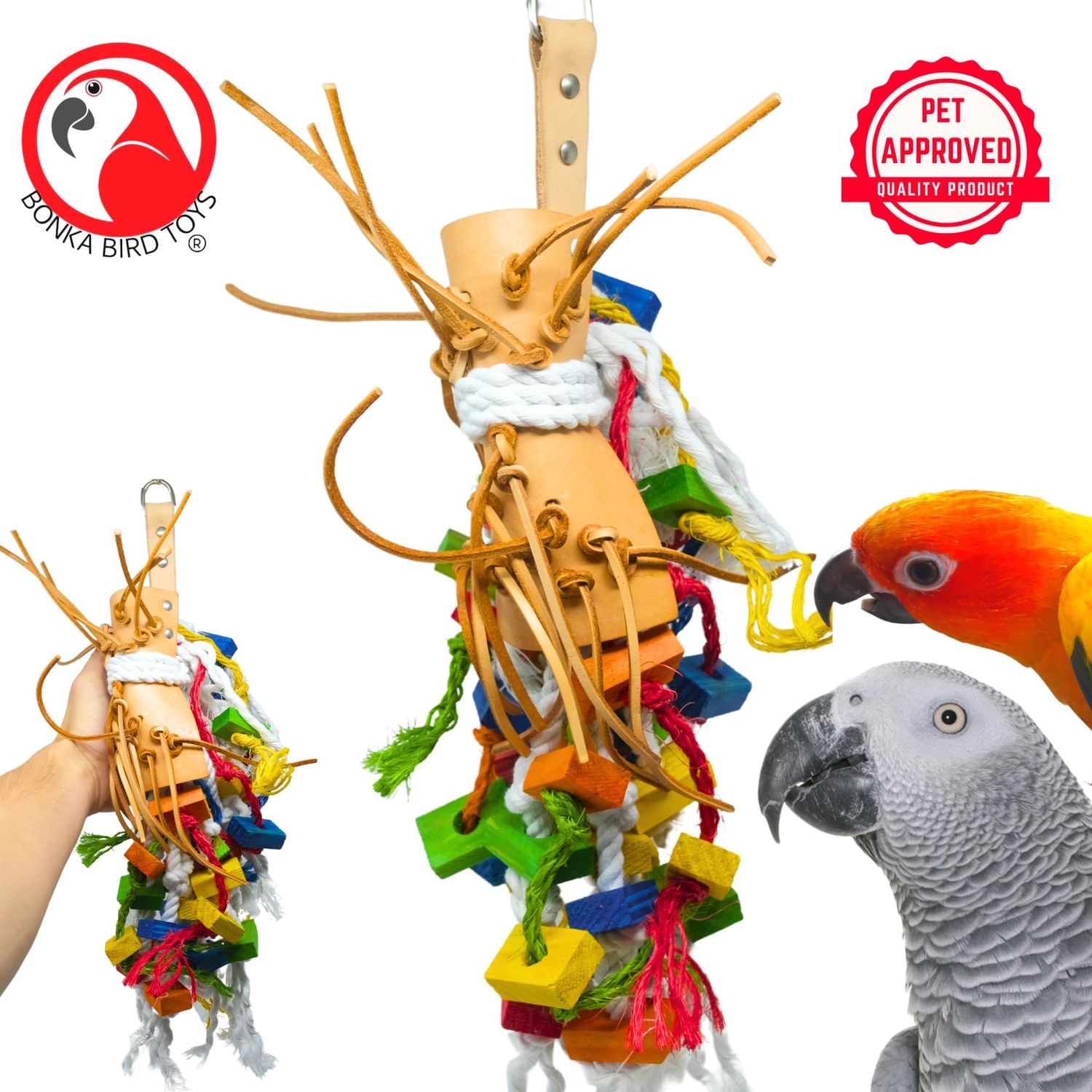 Bonka Bird Toys Leather Saddle Chew Forage Preen Parrot Cage Toy Birds, Macaws, Cockatoos, Conures, Quakers, Ringnecks, Amazons, African Greys and Similar Breeds (2630 Medium)