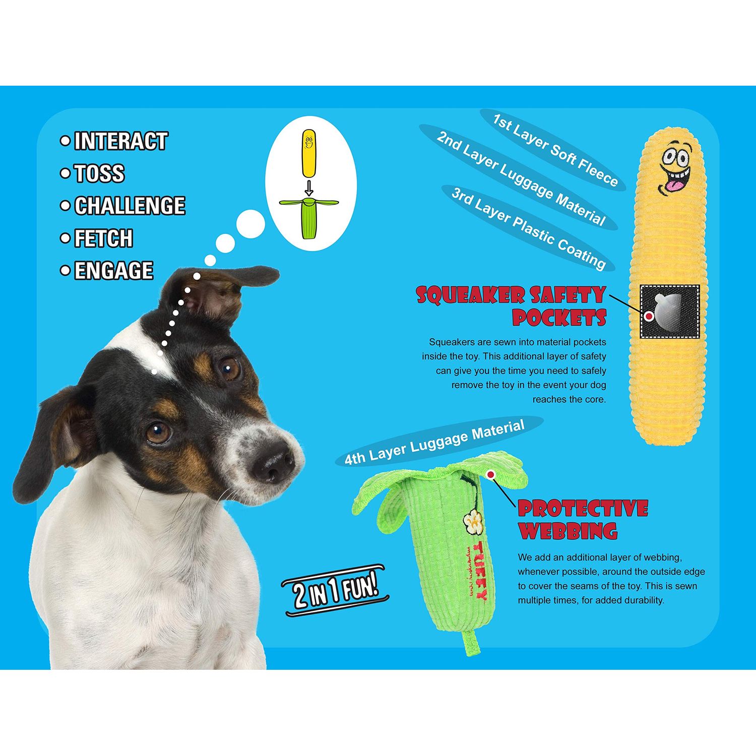 TUFFY - World's Tuffest Soft Dog Toy - Funny Food- 2-in-1 Toy -Multiple Layers. Made Durable, Strong & Tough. Interactive Play (Tug, Toss & Fetch). Machine Washable & Floats. (Combo Pack #2)