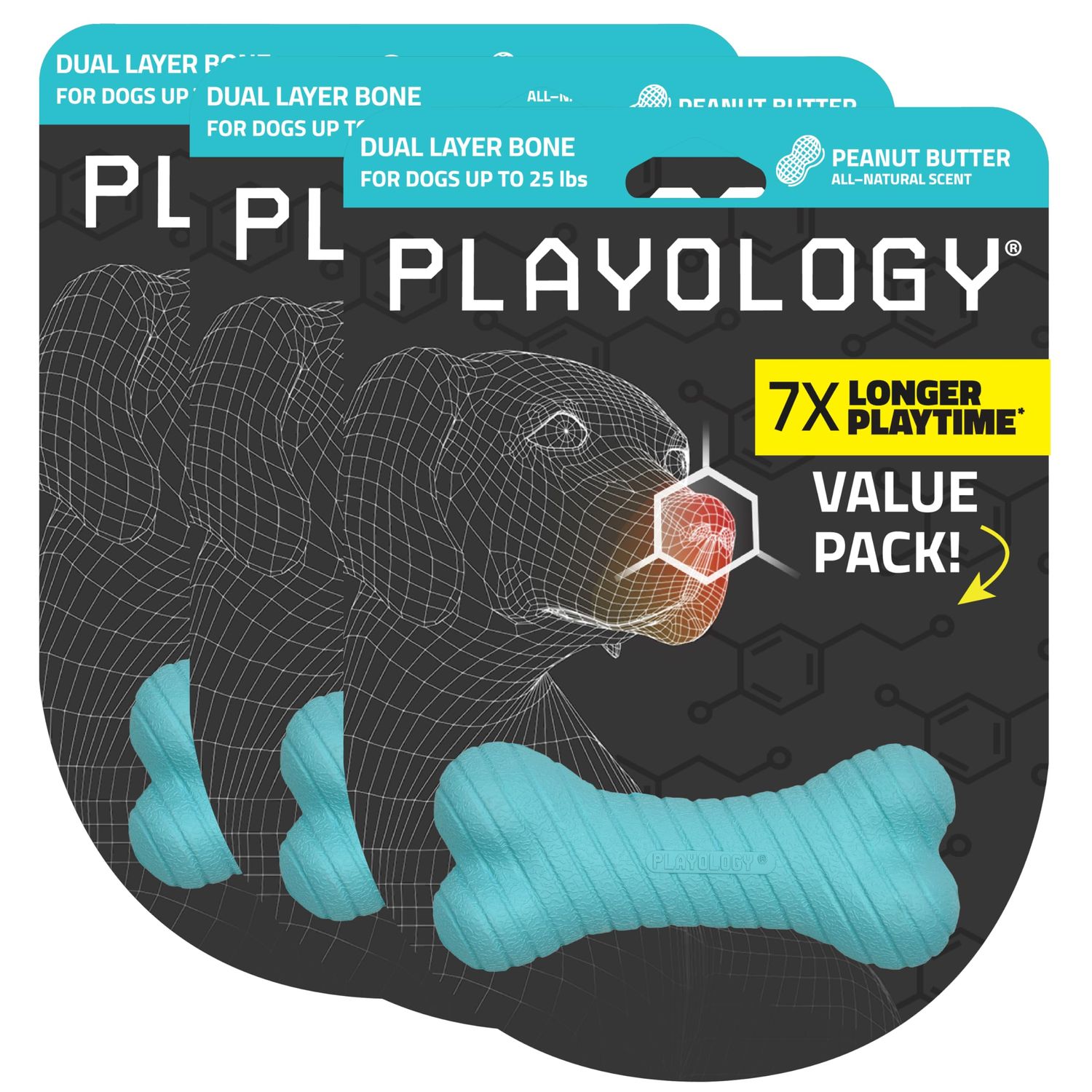 Playology Dual Layer Bone | Engaging All Natural Peanut Butter Scented Dog Toys, Value 3-Pack | Blue Bone for Small Dogs up to 25lbs | Interactive & Durable for Tough Chewers