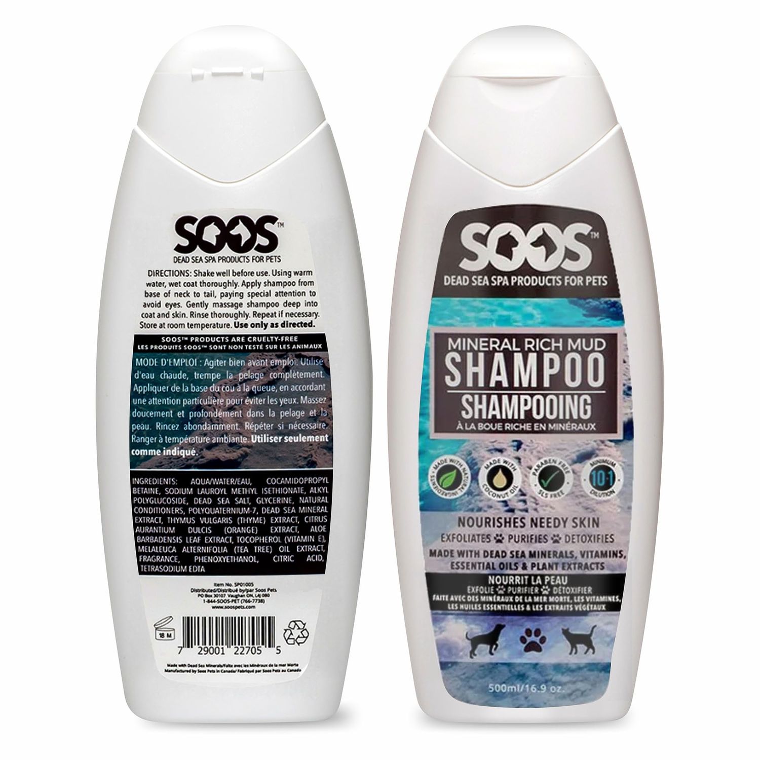 Soos Pet Dog Shampoo for Cats and Pets Mineral Rich Mud Natural Dead Sea Cruelty Free Fast Absorbing Skin Cooling First Aid Antib-acterial and Antif-ungal Odor Remover - 1x Pet Shampoo (500ml)