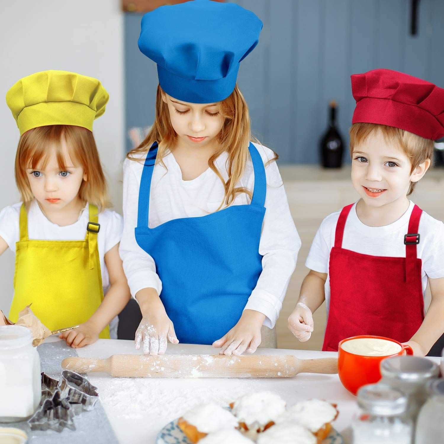 Tamicy 10 Pieces Kids Chef Hat and Apron Set - Child Kitchen Bib Aprons with Pockets Girls Boys Chef Hats for Cooking Baking Gardening Painting Wear (Rose Red,Green,Blue,Orange,Purple)