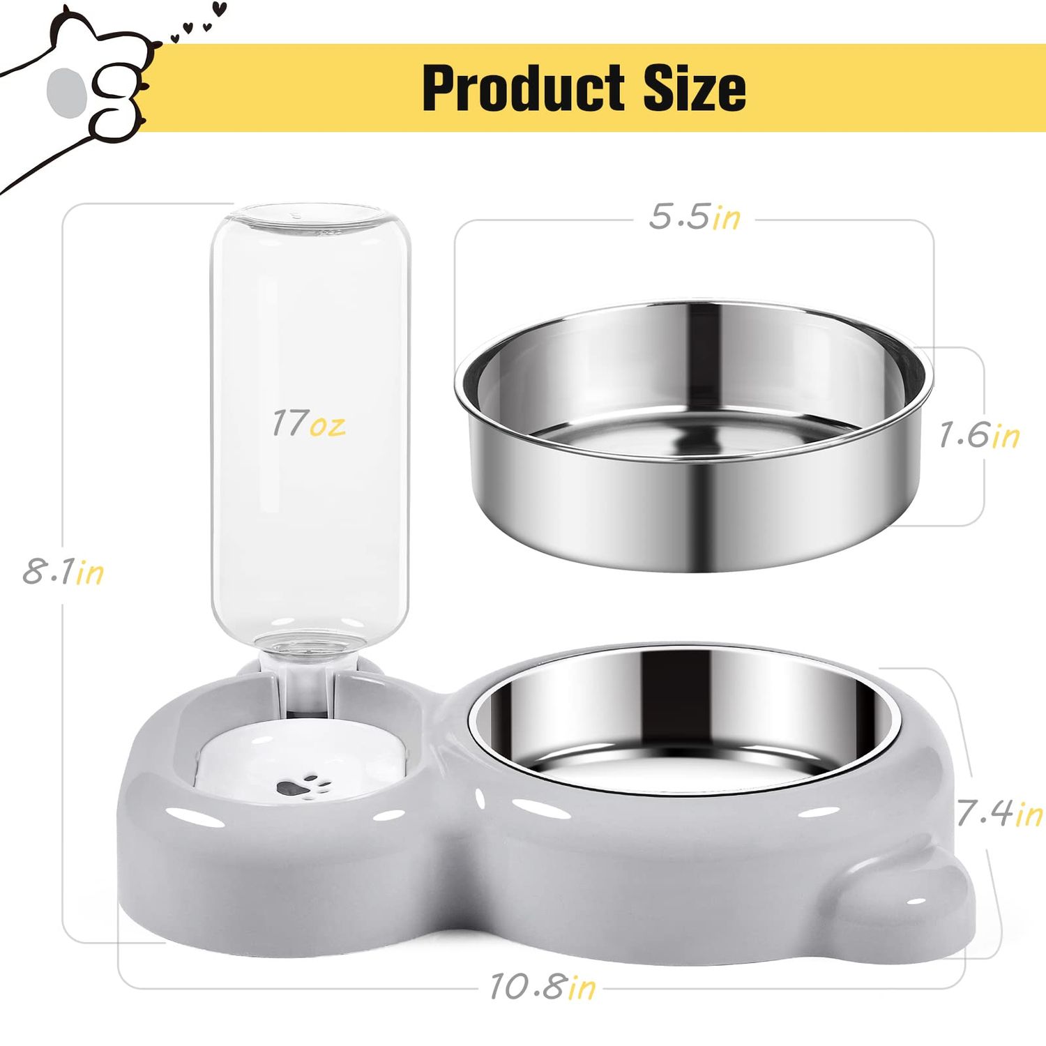 Dog Bowls, Cat Food and Water Bowl Set with Water Dispenser and Stainless Steel Bowl for Cats and Small Dogs - Grey