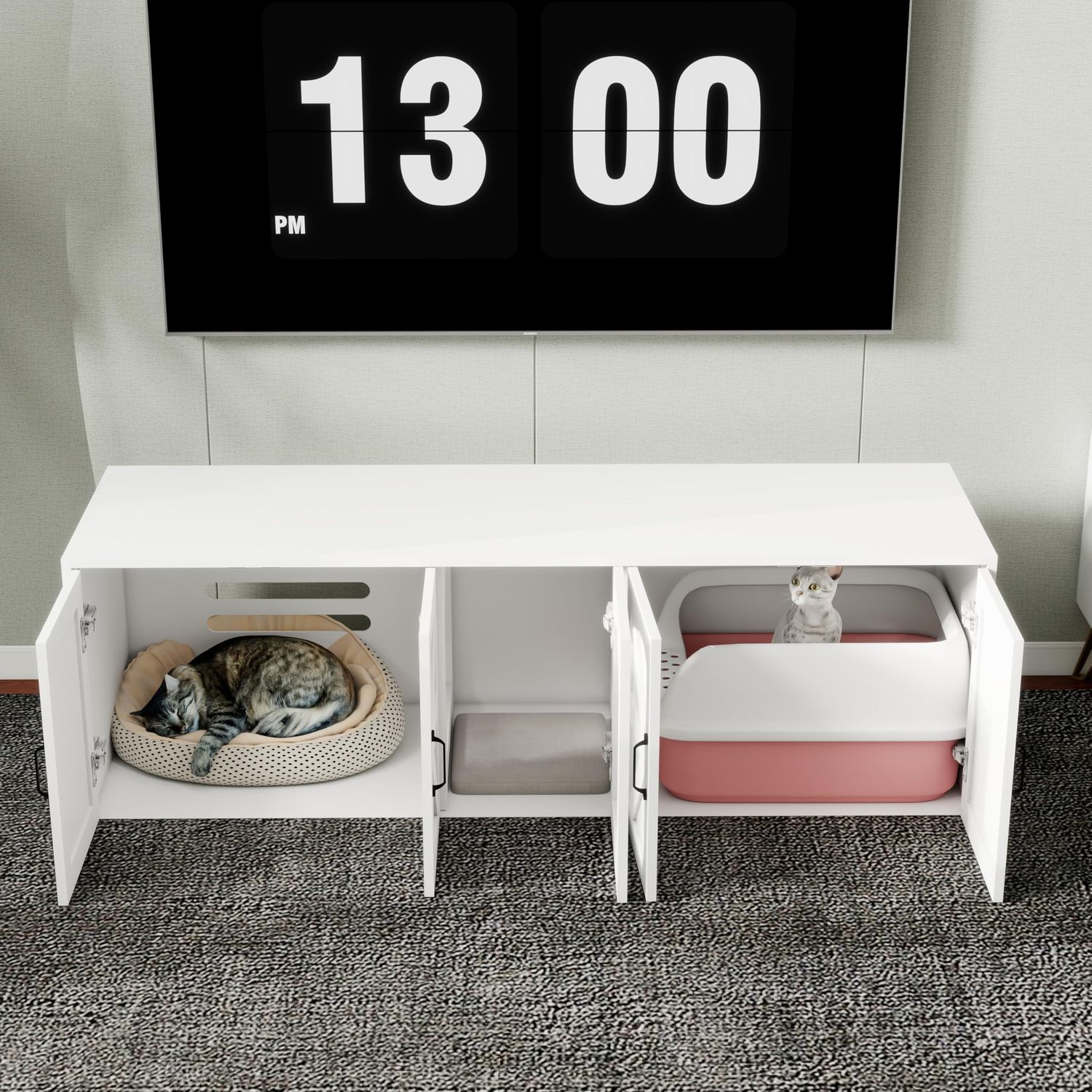Cat Litter Box Enclosure Hidden for 2, Farmhouse Litter Box Furniture with Double Room, Front Entry Cat Door House, Wooden Side End Table, TV Stand with Storage
