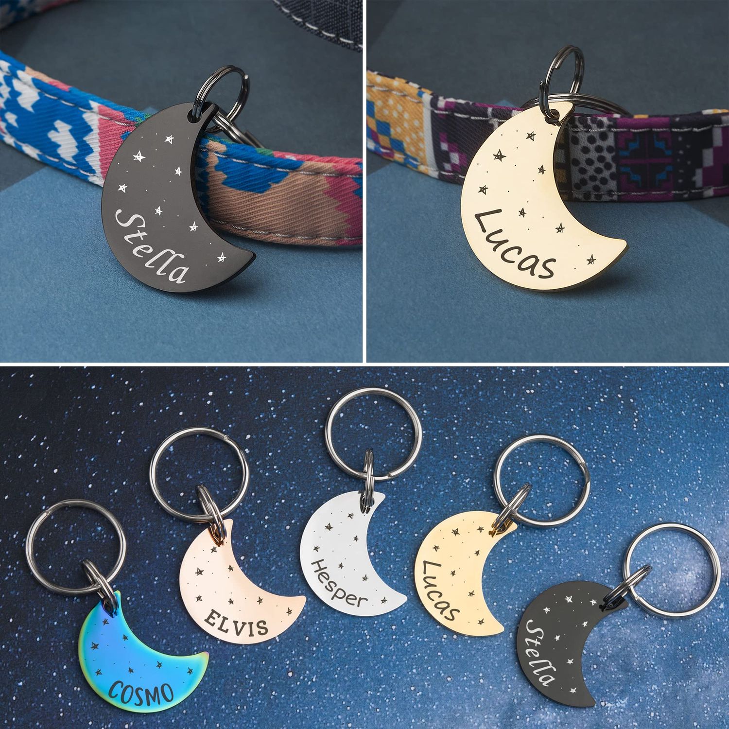 Anavia Starry Sky Theme Pet ID Tags in Half Moon & Star Shape, Personalized Dog Name Tag Cat Tag, Glossy Stainless Steel Gold Plated Black Rainbow Dog Collar Tag (Small, Moon Shape, Gold)