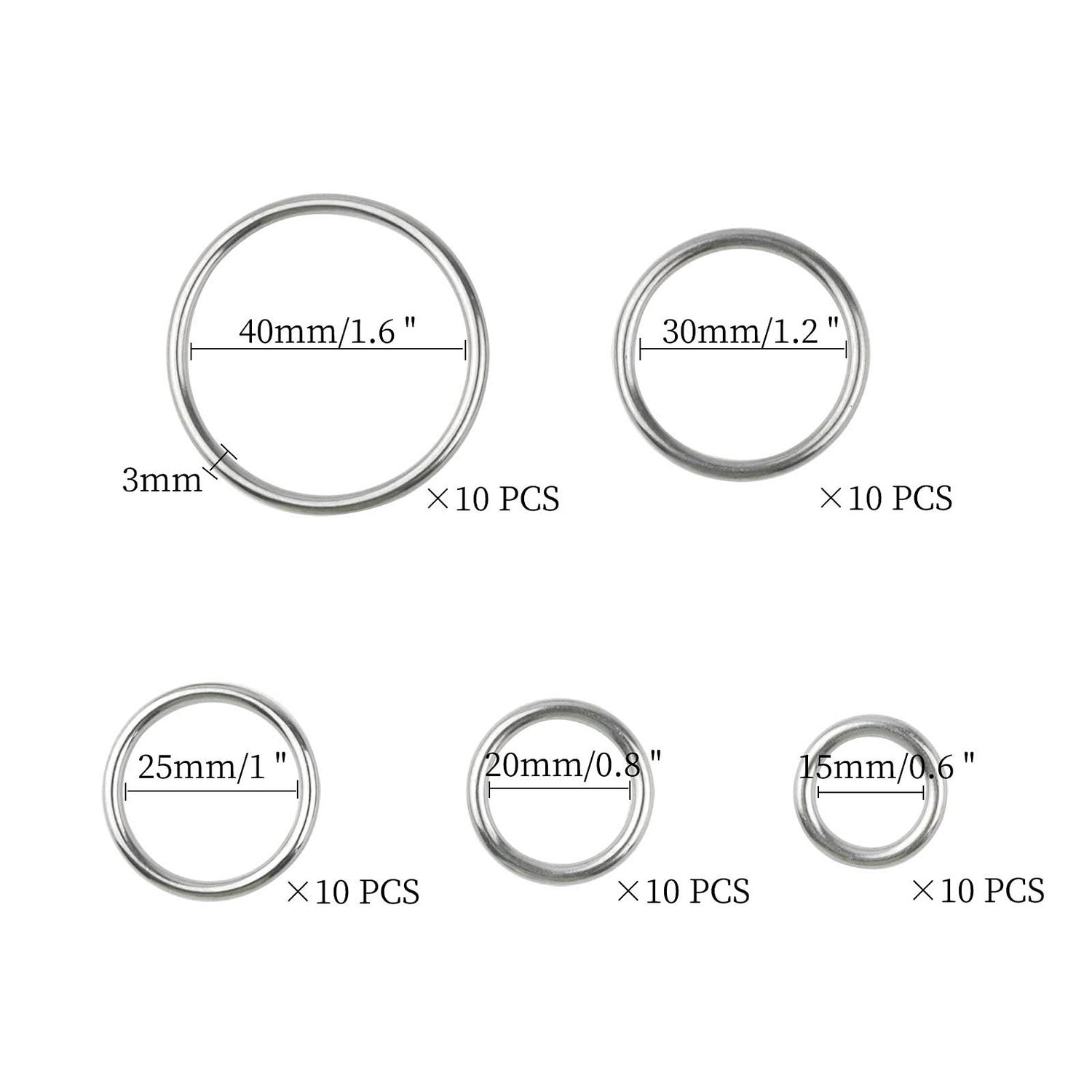 Hamineler 50 Pcs Stainless Steel Smoothing Welded O-Ring, 15/20/25/30/40mm Inside Diameter Metal Round Rings for Camping Belt, Dog Leashes, Hardware (Thickness 3mm, 10 of Each)
