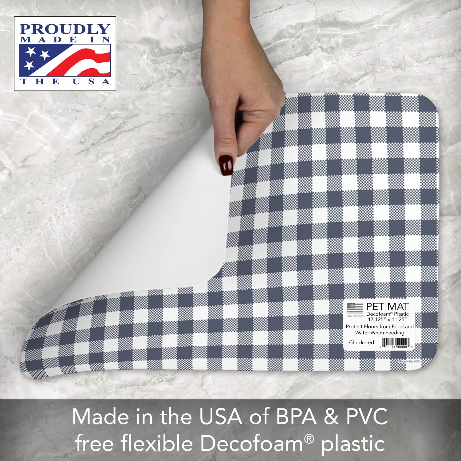 CounterArt Checkered Easy Care Waterproof Pet Placemat 17.13” x 11.25” Made in The USA of BPA Free Plastic, Safe for Pets, Protects Floors from Cat & Dog Bowls