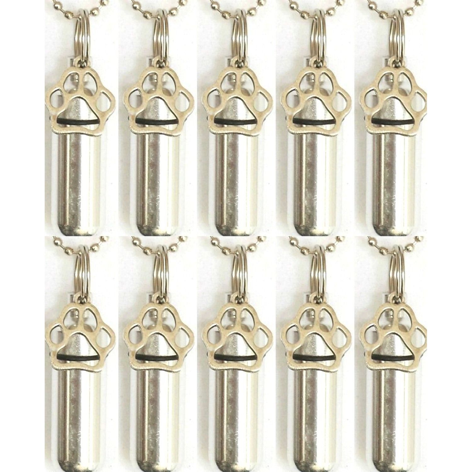 Set of 10 Silver Pet/Dog/Cat PAW CREMATION URN Necklaces, with Velvet Pouches