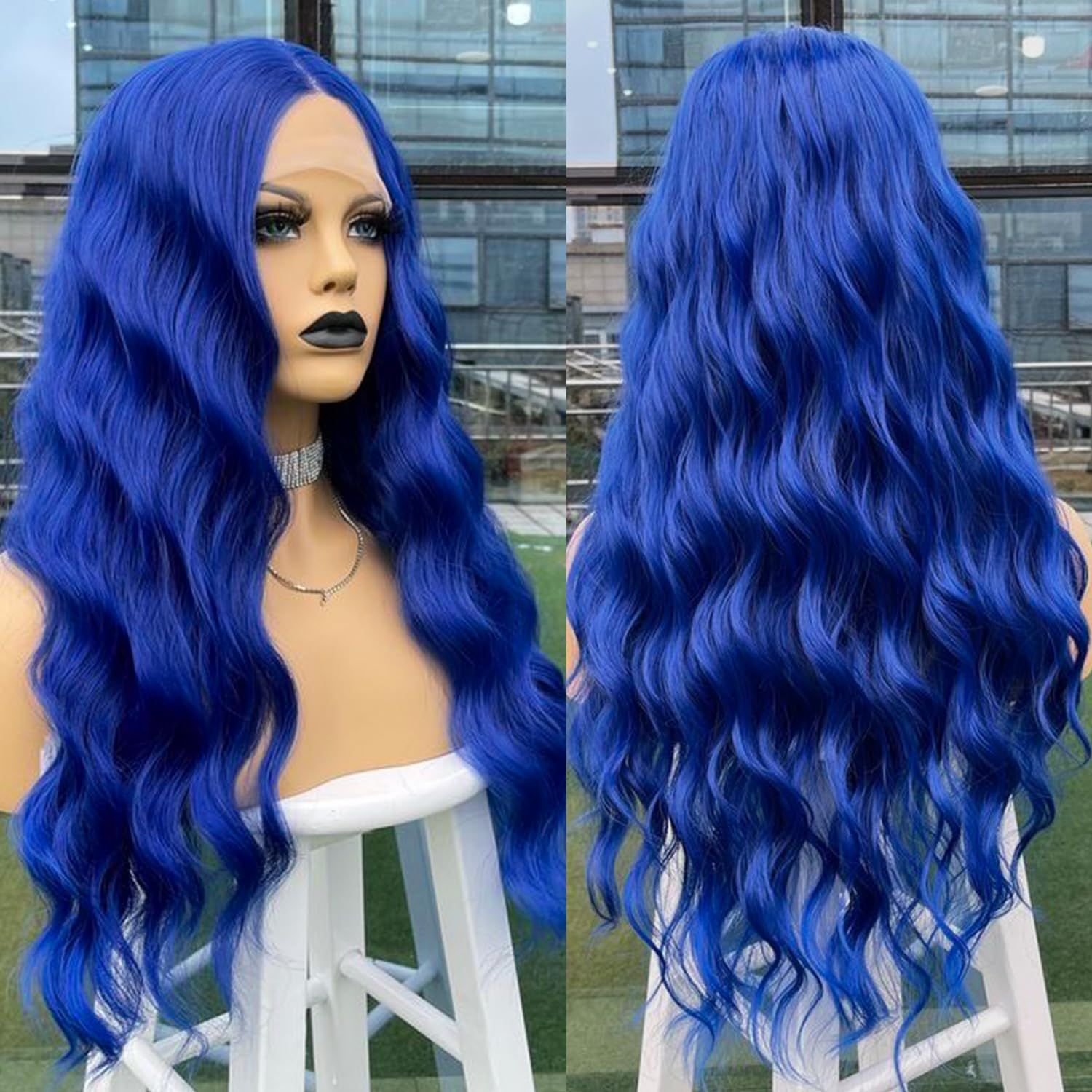 WKIPYCPK Blue Lace Front Wig Loose Curly Wave Hair Navy Blue Wigs for Black Women Glueless 24 Inch Synthetic Lace Front Wigs Pre Plucked Hairline