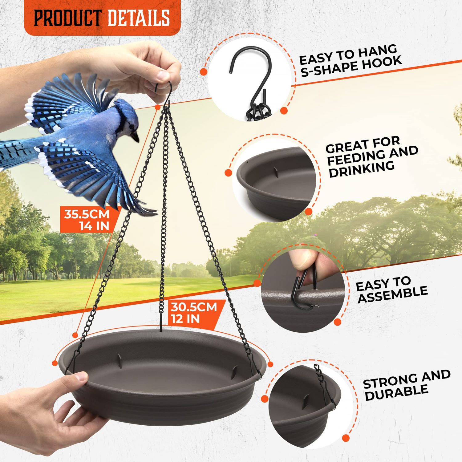 Magerdy Fields 12 Inch Hanging Bird Bath - 3 Chains with an S Hook - Complete with Microfiber Cleaning Cloth and Brush - Bird Bath for Outside - birdbaths for Outdoors- Crow Feeder
