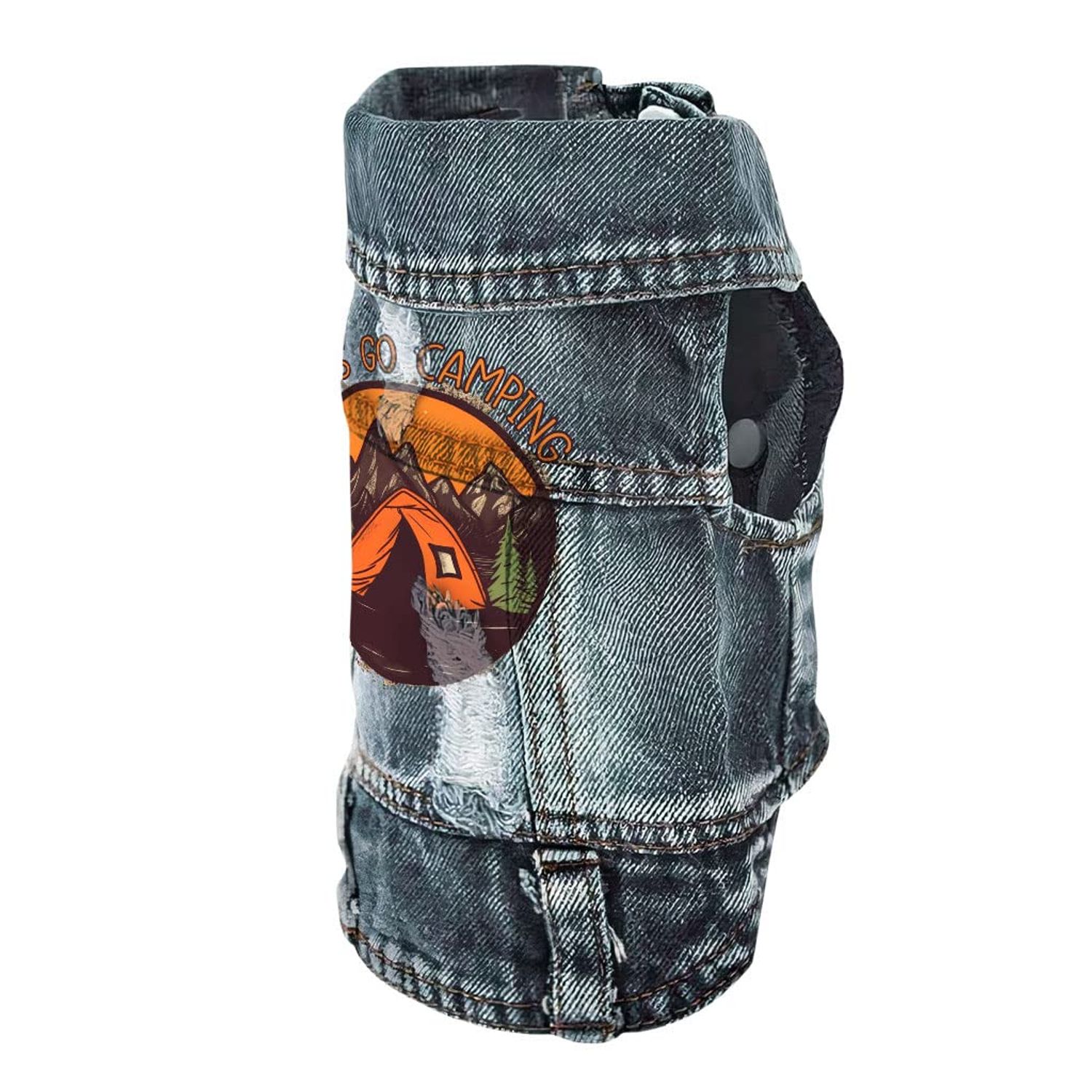 Let's Go Camping Dog Denim Vest - Tent Dog Denim Jacket - Camping Dog Clothing - L