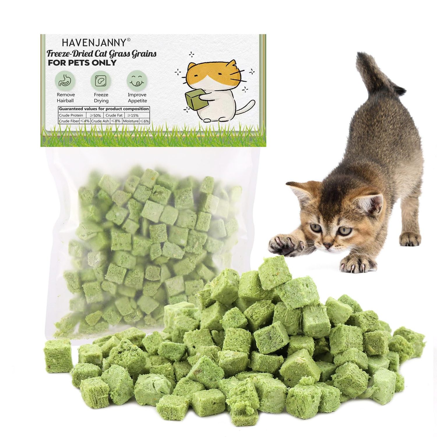 HavenJanny 60g Cat Grass Treats for Cat, Freezed Drying Cat Grass Teething Stick Snacks for Cats, Edible Cat Chew Toys for Teeth Cleaning and Hairball Removal