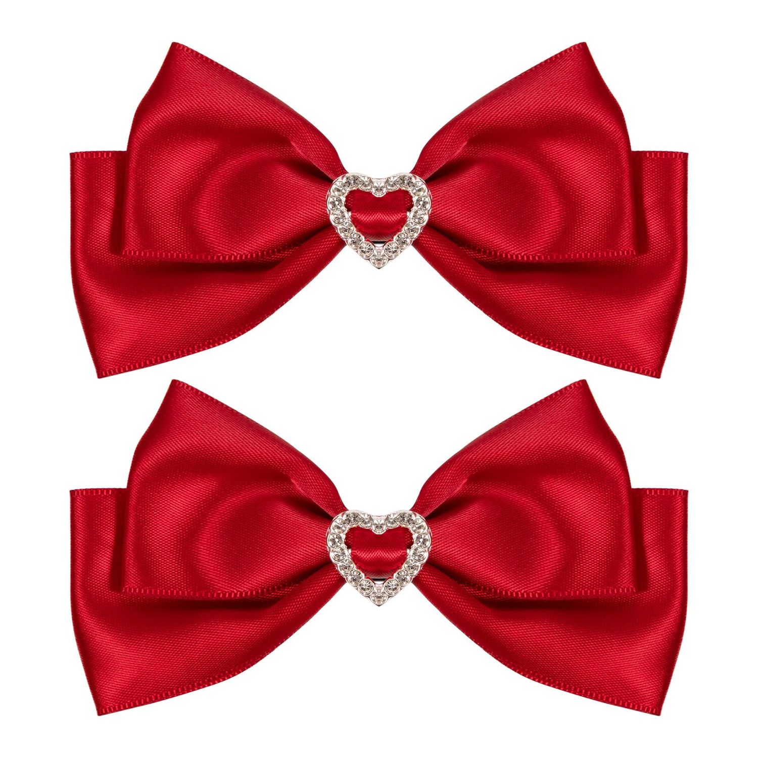 Red Satin Hair Bow Clips, Christmas Valentine School Hairpins with Heart Rhinestones,Handmade Bowknot Hair Accessories for Kids Girls New Year Decor